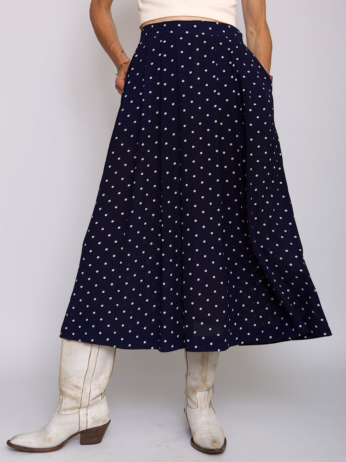 Vintage maxi pleated skirt polka dot navy and white