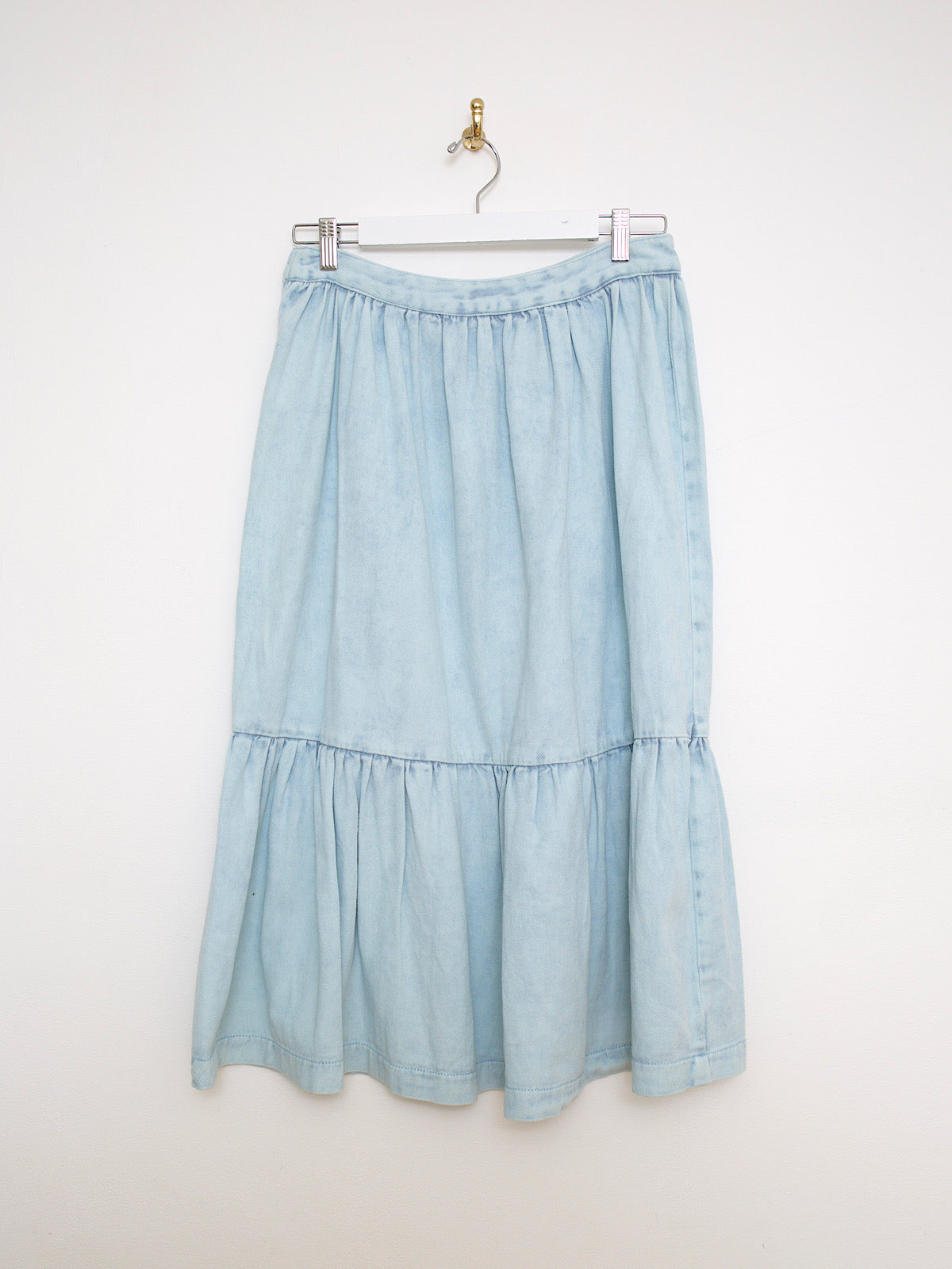 Blue denim midi tiered skirt