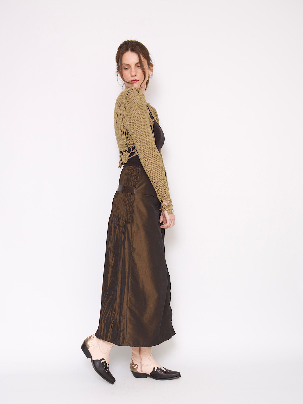 90s brown satin skirt with leather belt and pleats details