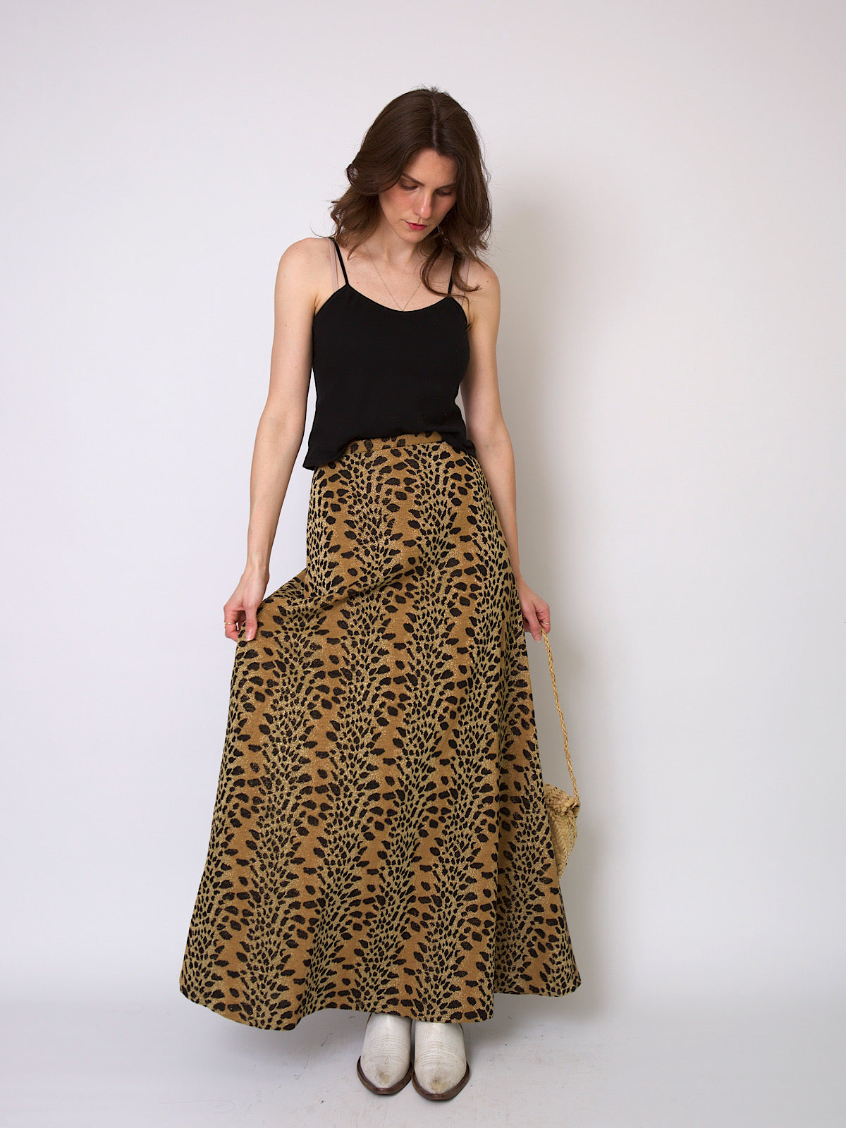 70s vintage boho chic lurex maxi skirt leopard print