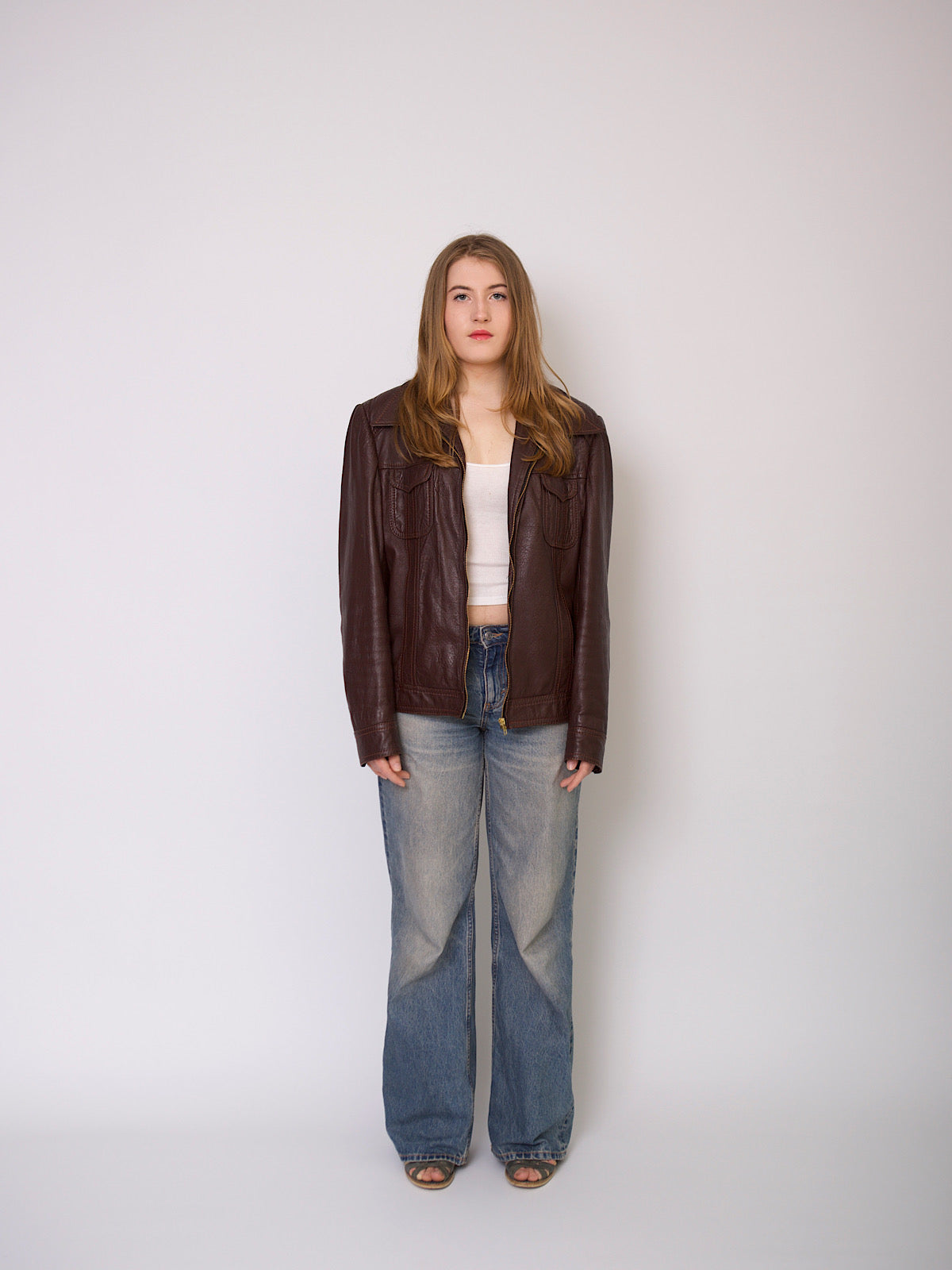 70s vintage leather jacket long dagger collar