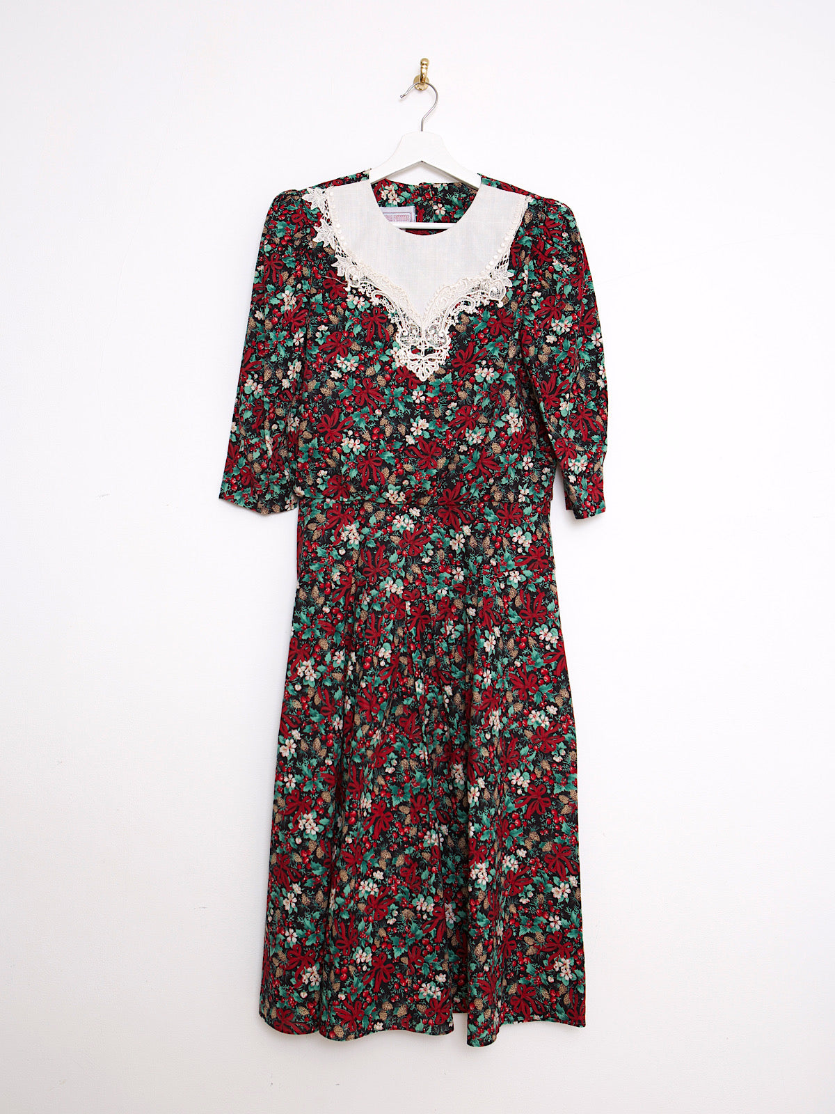 80s vintage midi dress red bows & holly print