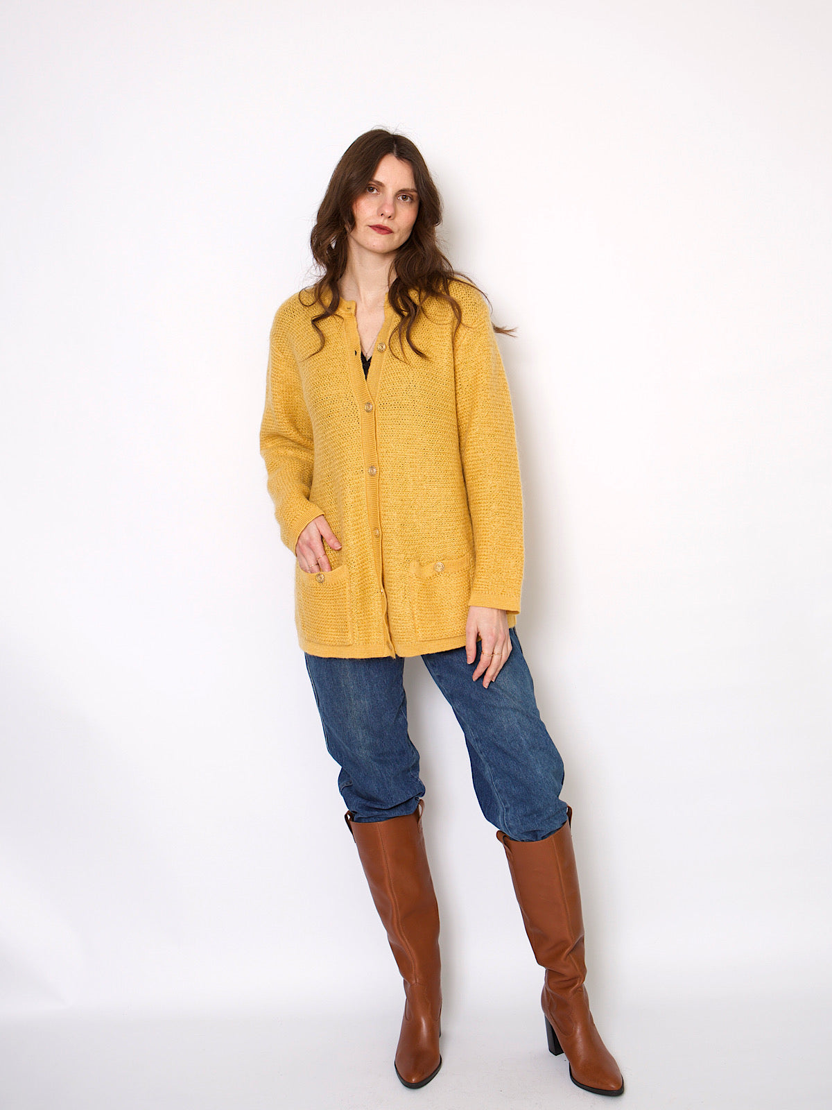 Vintage yellow cardigan mixed mohair wool