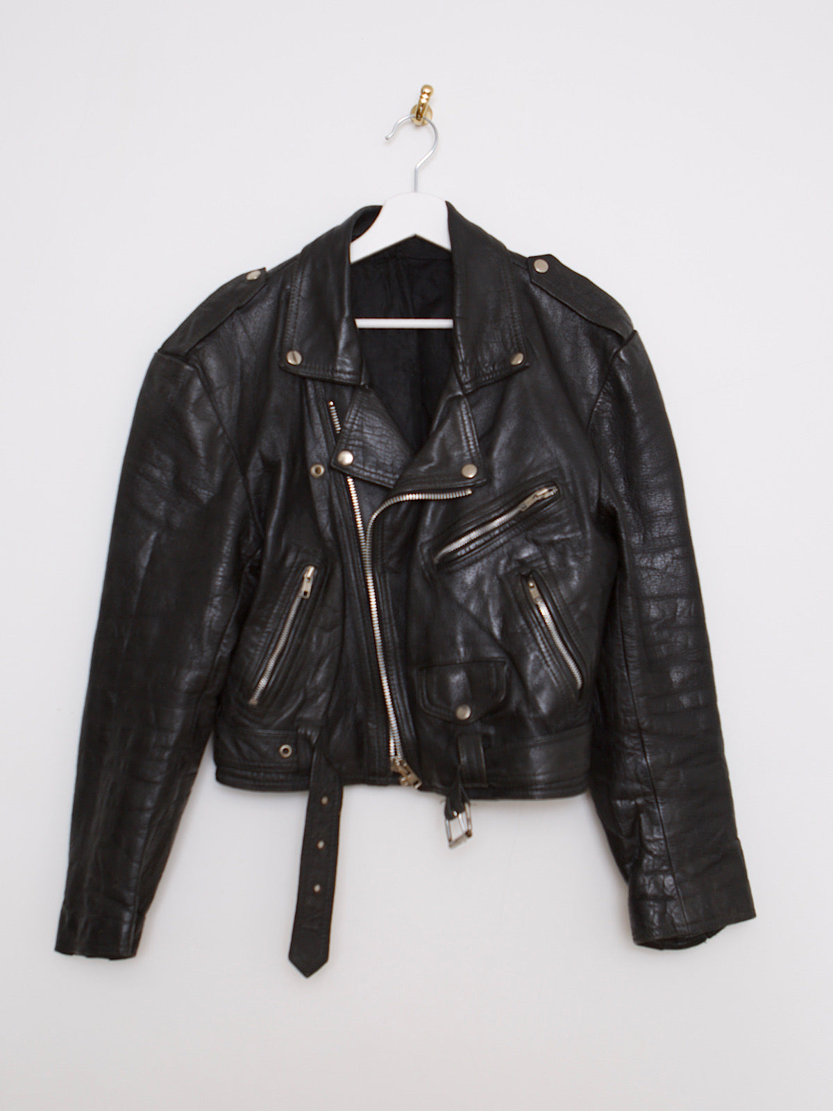 80s vintage biker jacket black leather silver zips