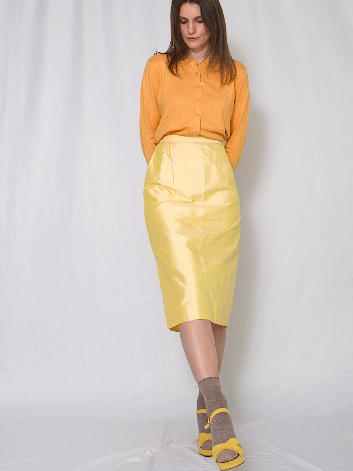 Vintage silk yellow pencil skirt