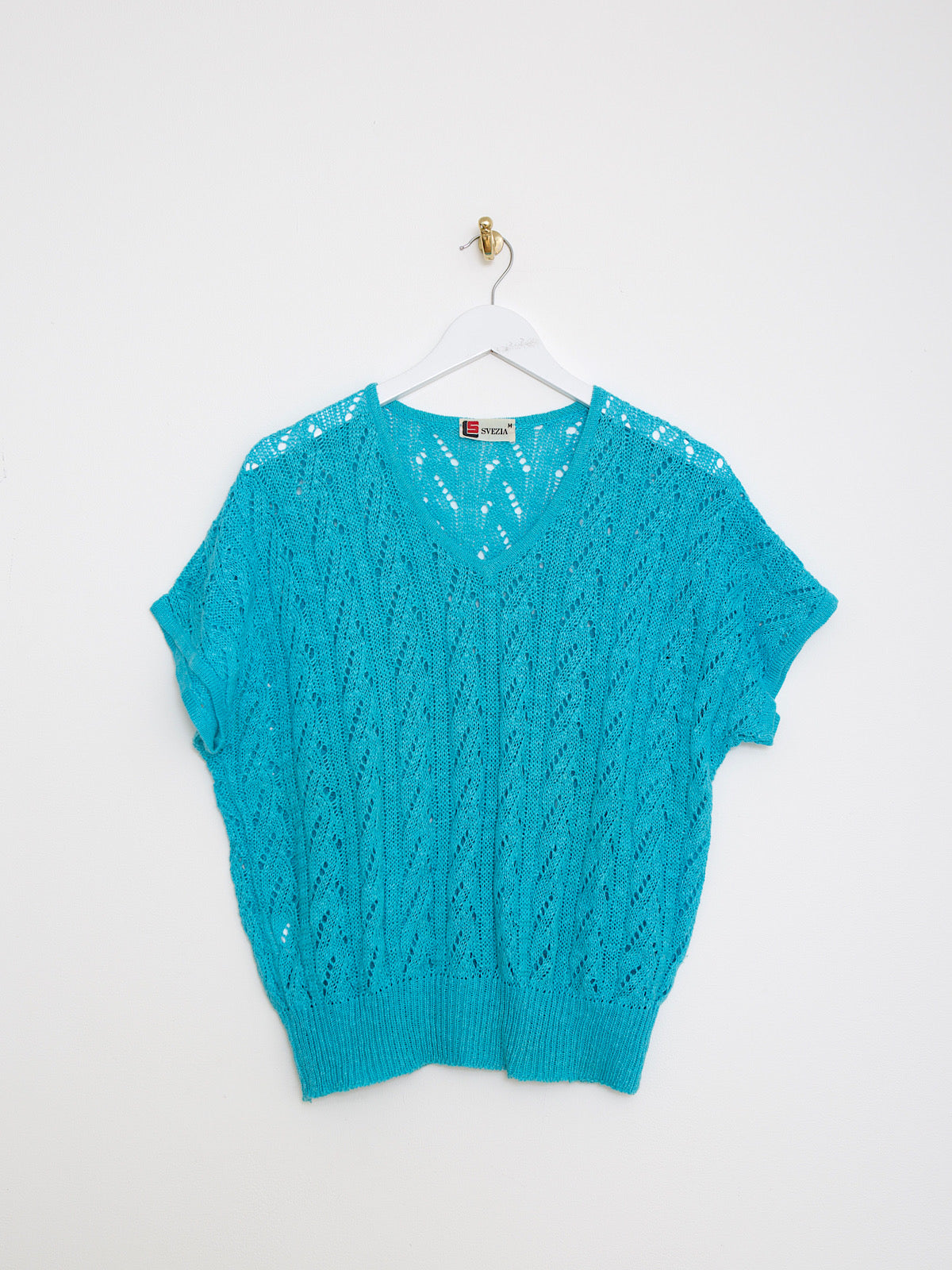 Vintage crochet cotton jumper short sleeves in turquoise