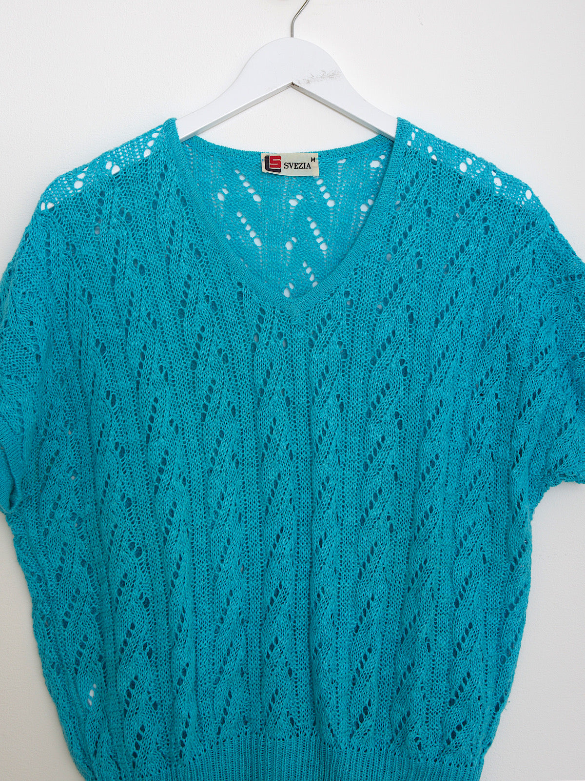 Vintage crochet cotton jumper short sleeves in turquoise