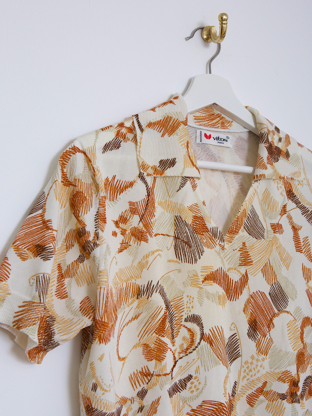 60s vintage polo top abstract print rusty colour short sleeves