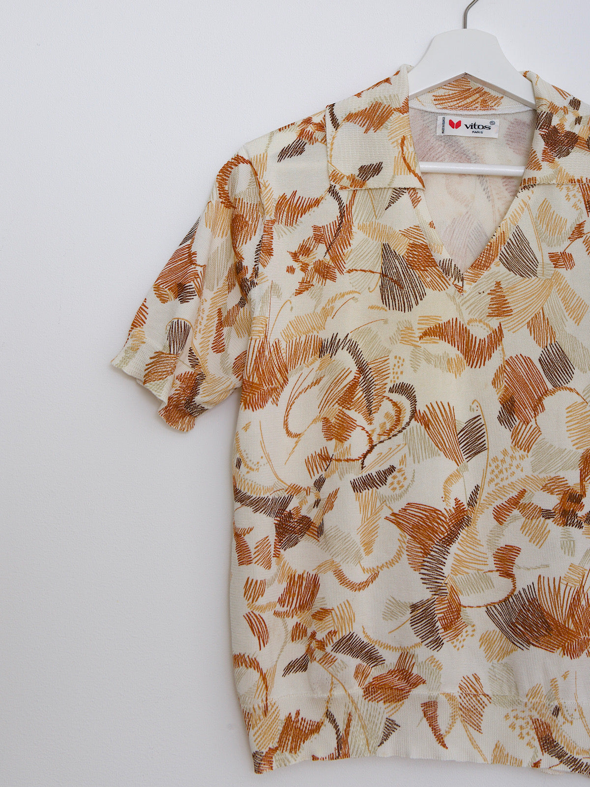 60s vintage polo top abstract print rusty colour short sleeves