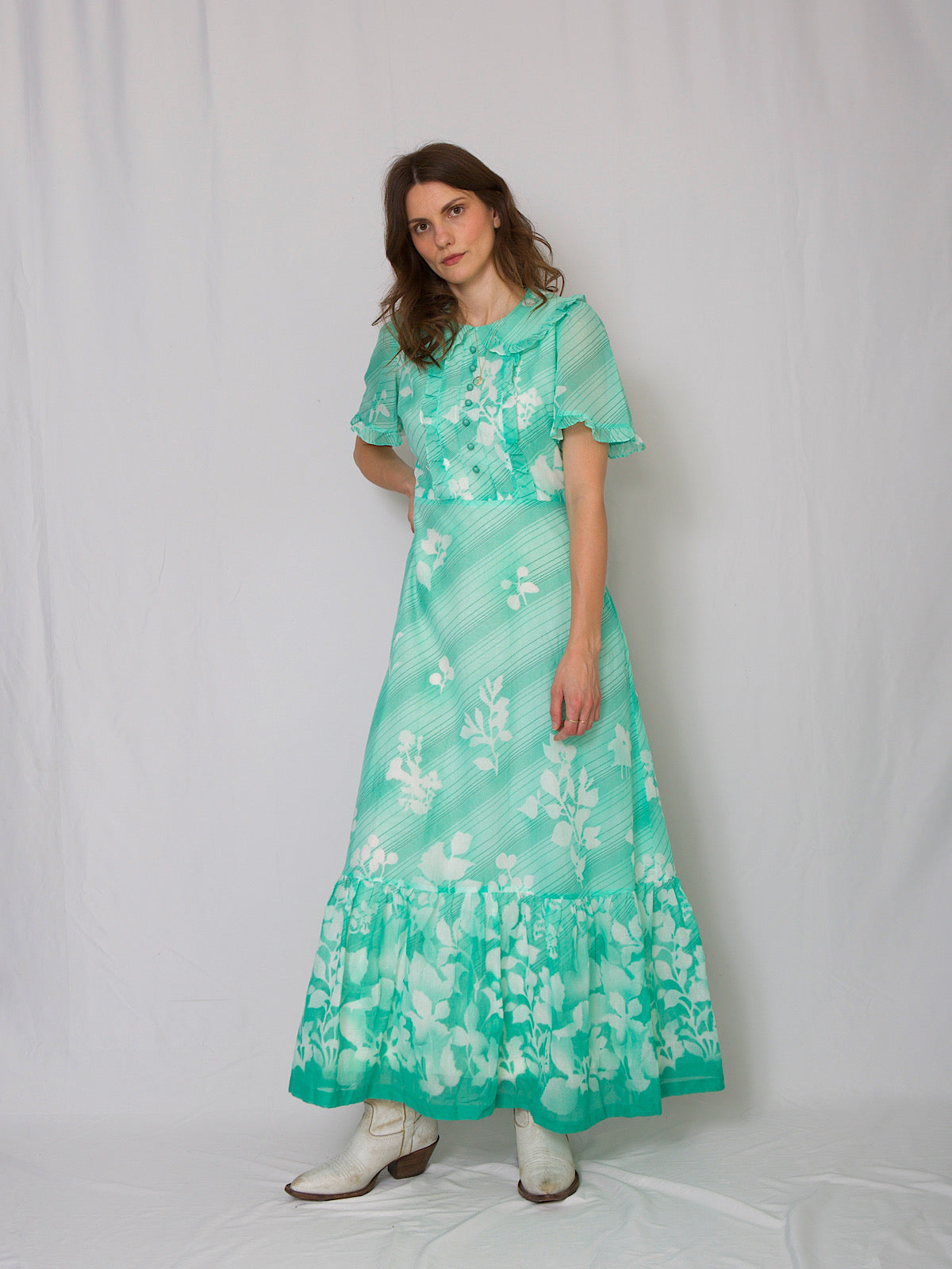 70s vintage boho maxi dress in mint floral cotton