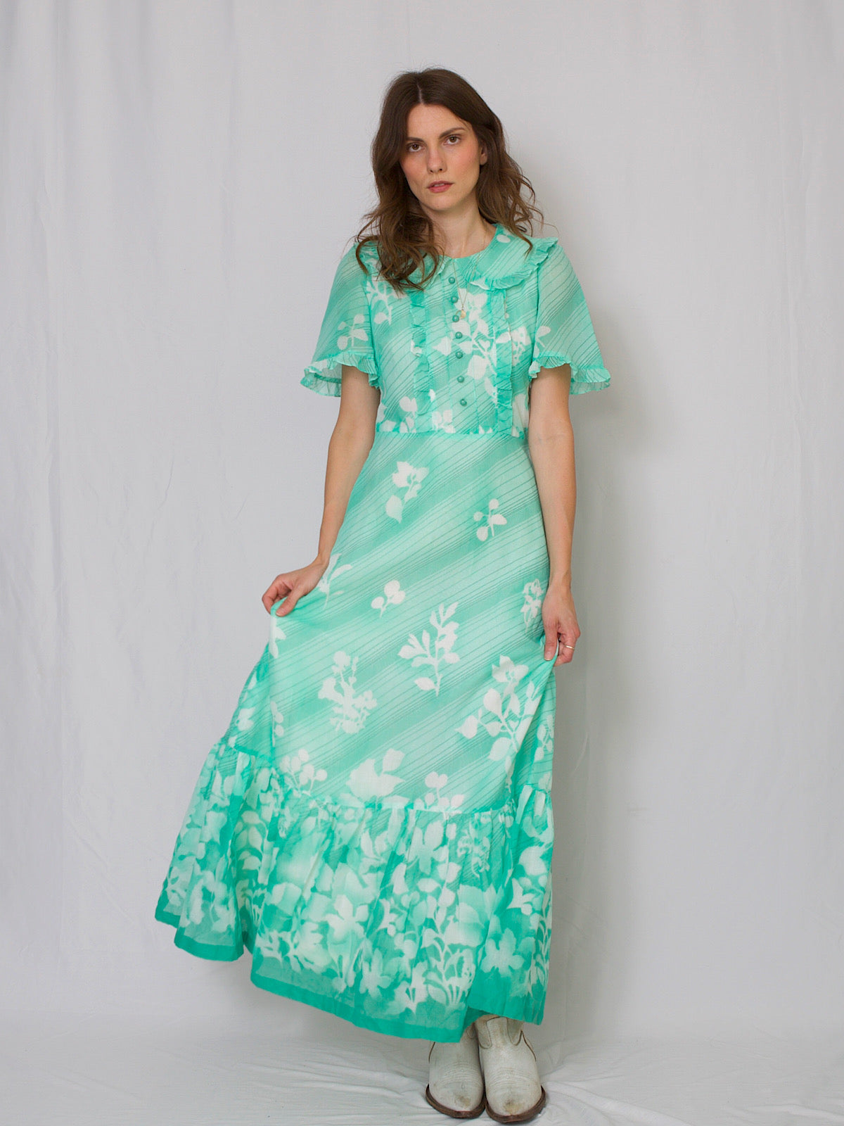 70s vintage boho maxi dress in mint floral cotton