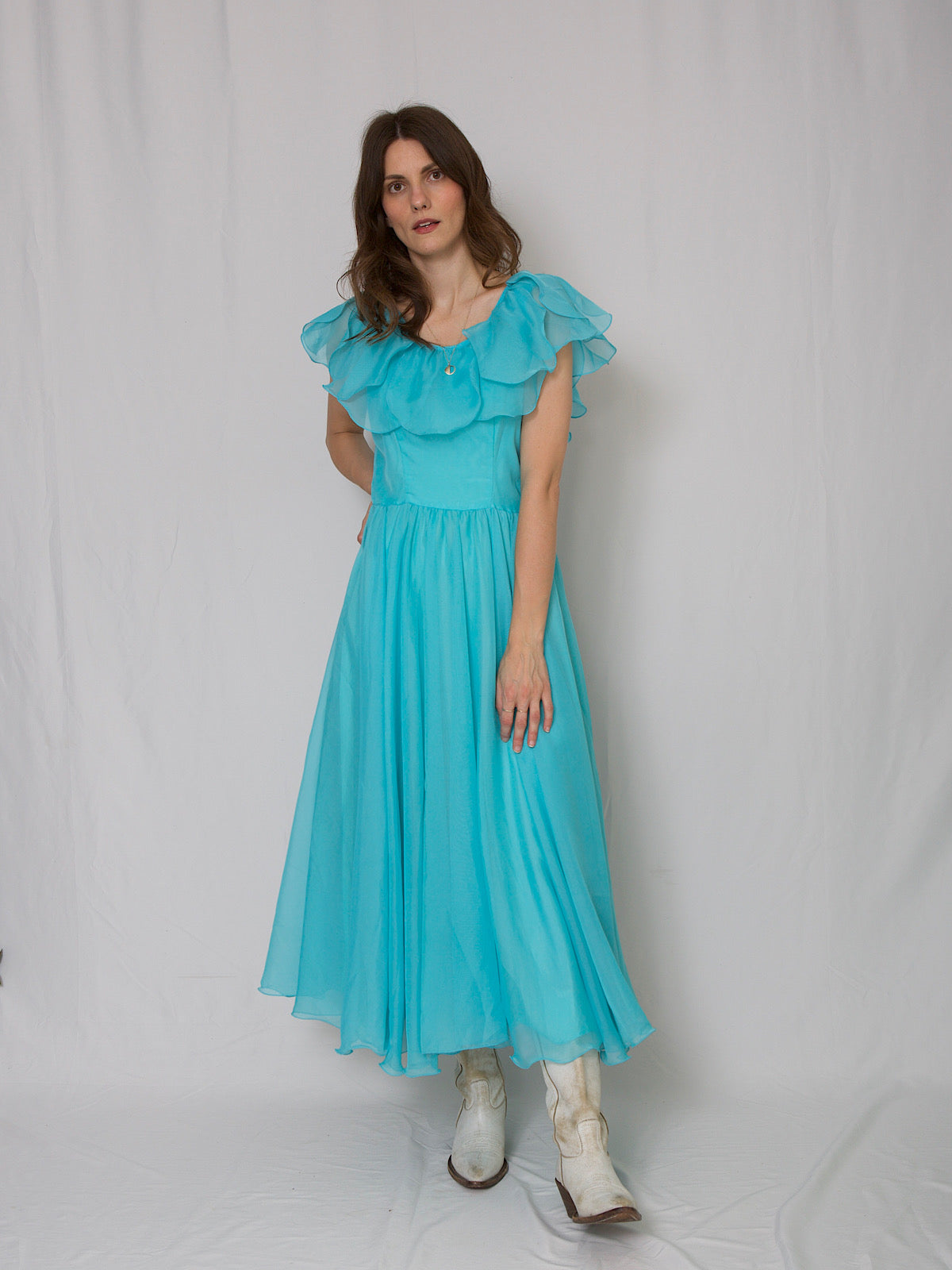 Vintage 60s floaty prom / cocktail dress long length blue