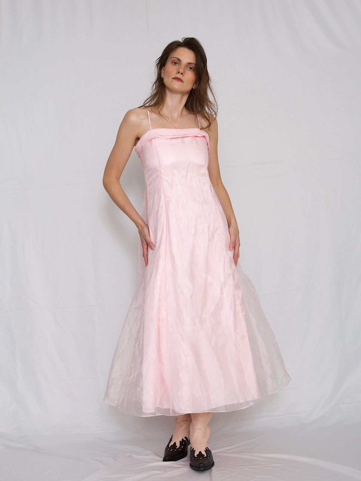 Pink gown party dress with shoulder straps