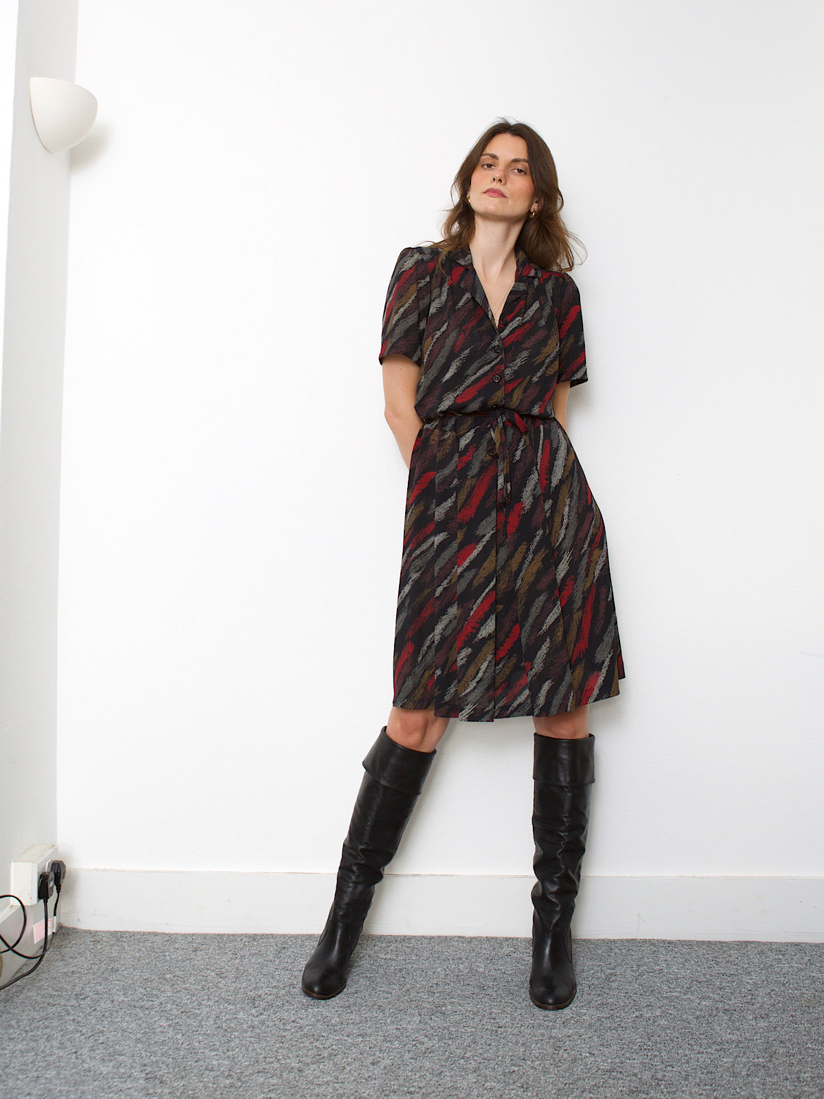 Vintage black shirt dress abstract print loose fit