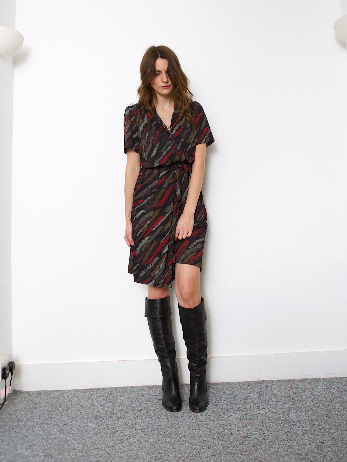 Vintage black shirt dress abstract print loose fit