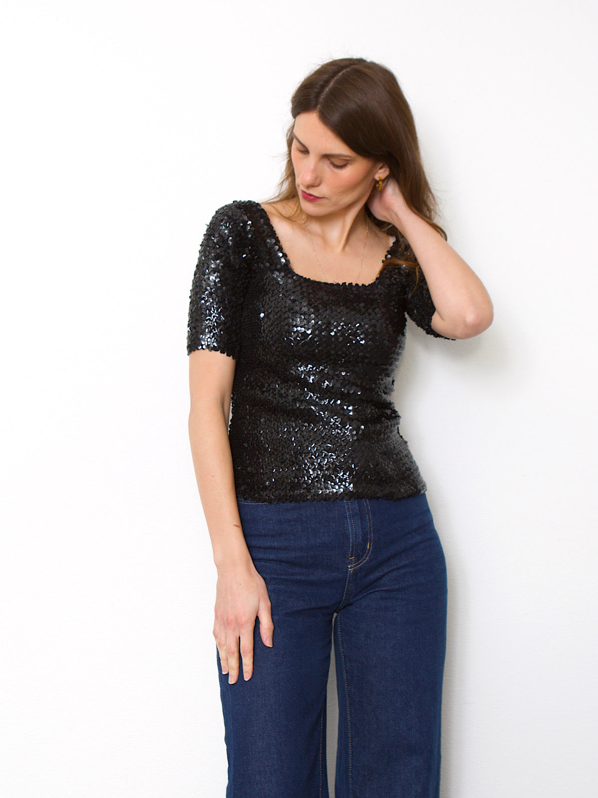 Vintage black sequins top short sleeves