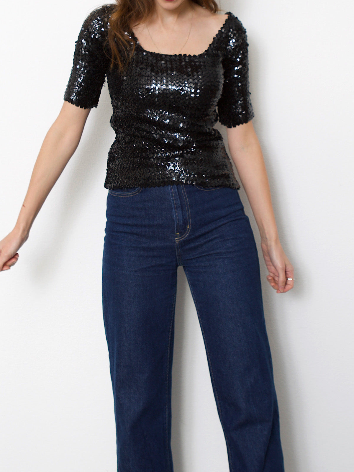 Vintage black sequins top short sleeves