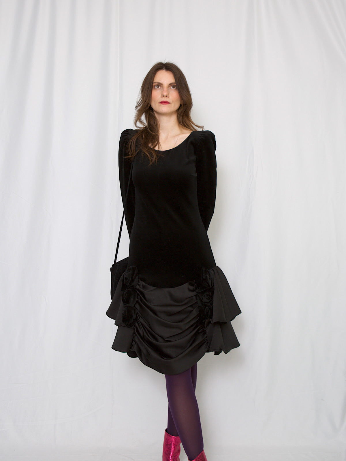 Black velvet and satin cocktail / party dress large roses