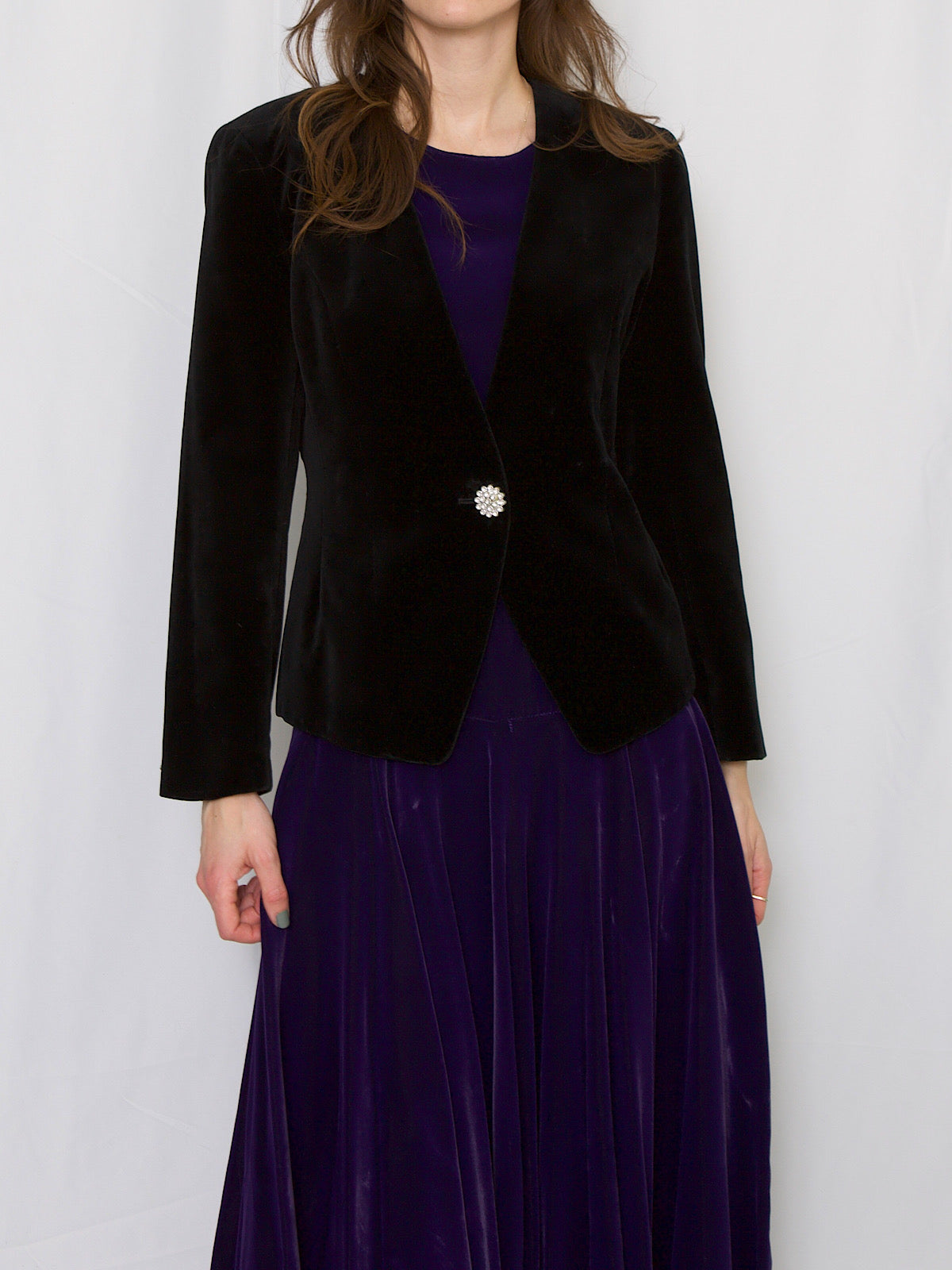 Vintage black velour blazer with crystal buttons