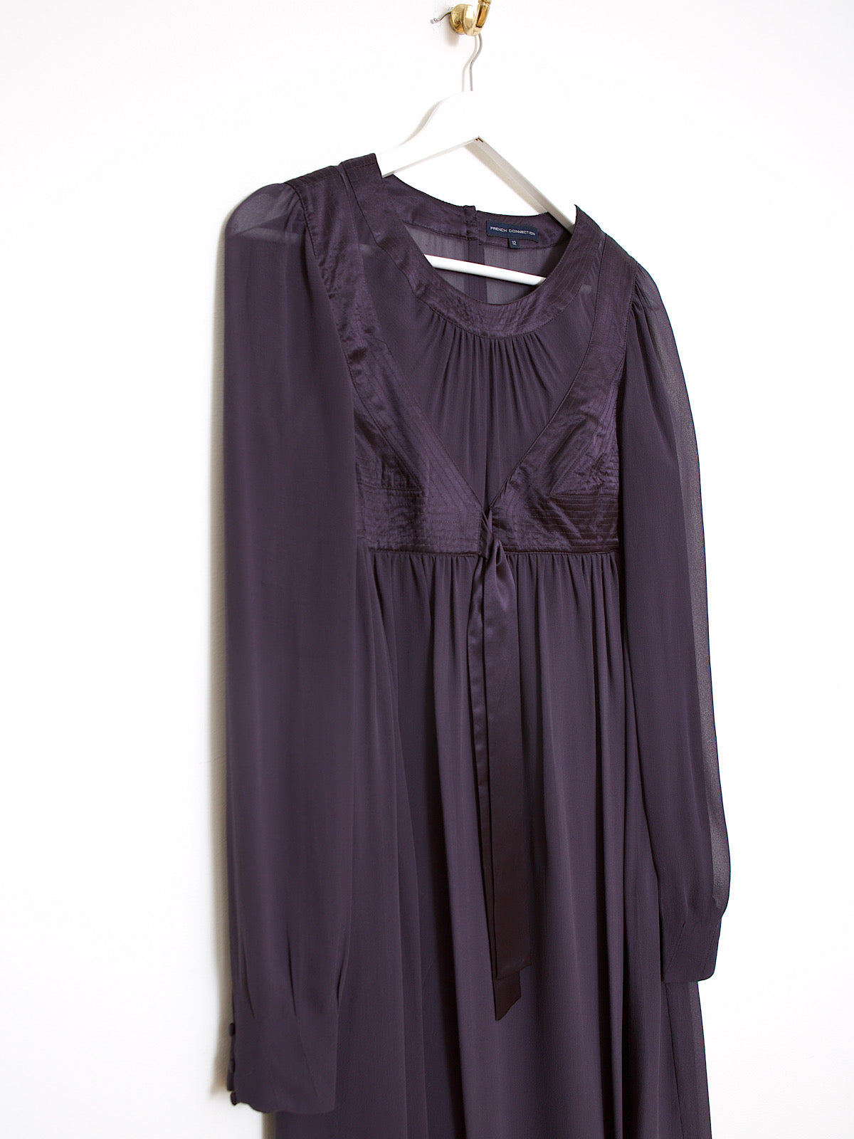 Aubergine silk dress long sleeve visible bra effect