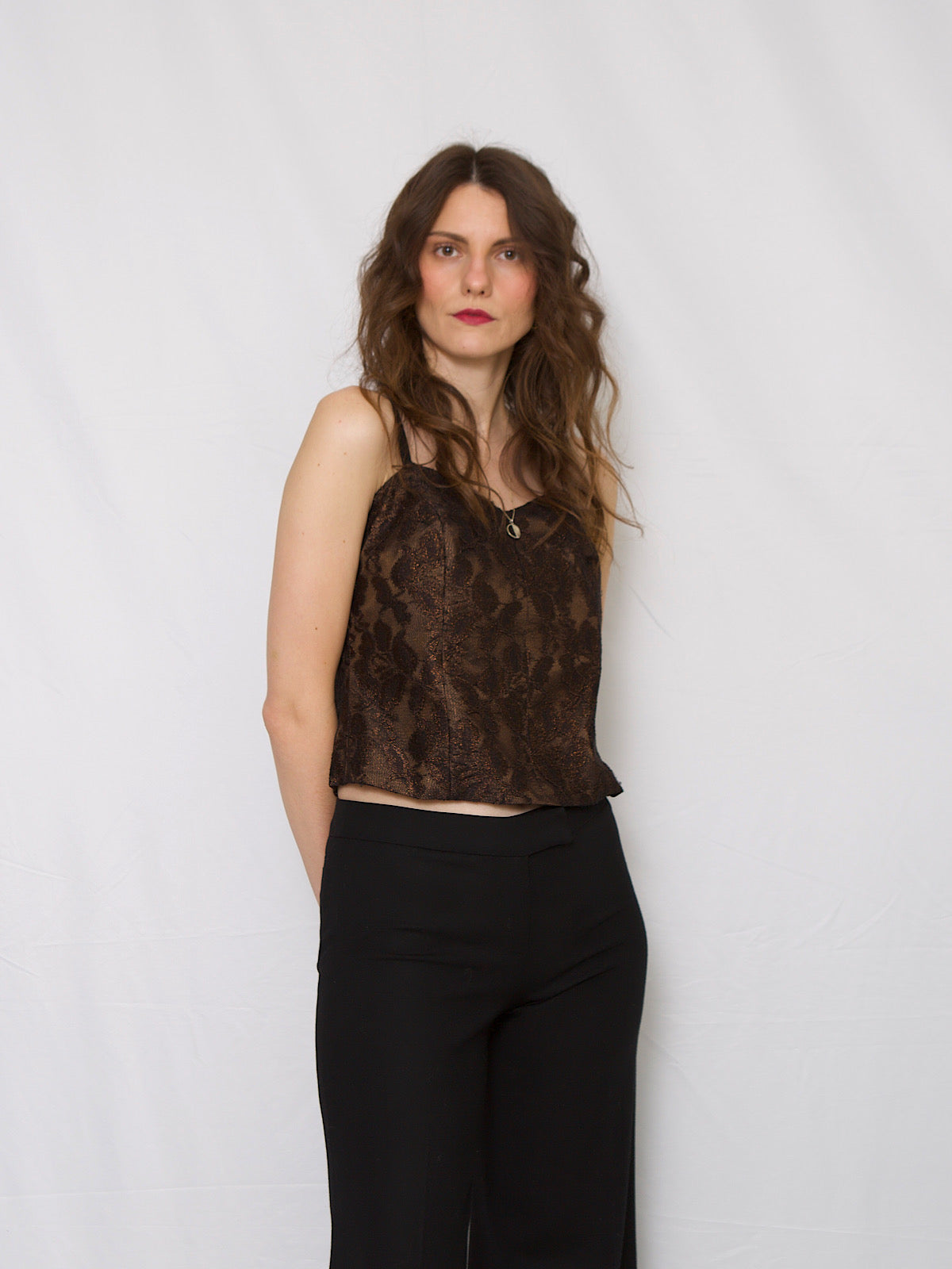 Bronze lace bustier top with shoulder straps