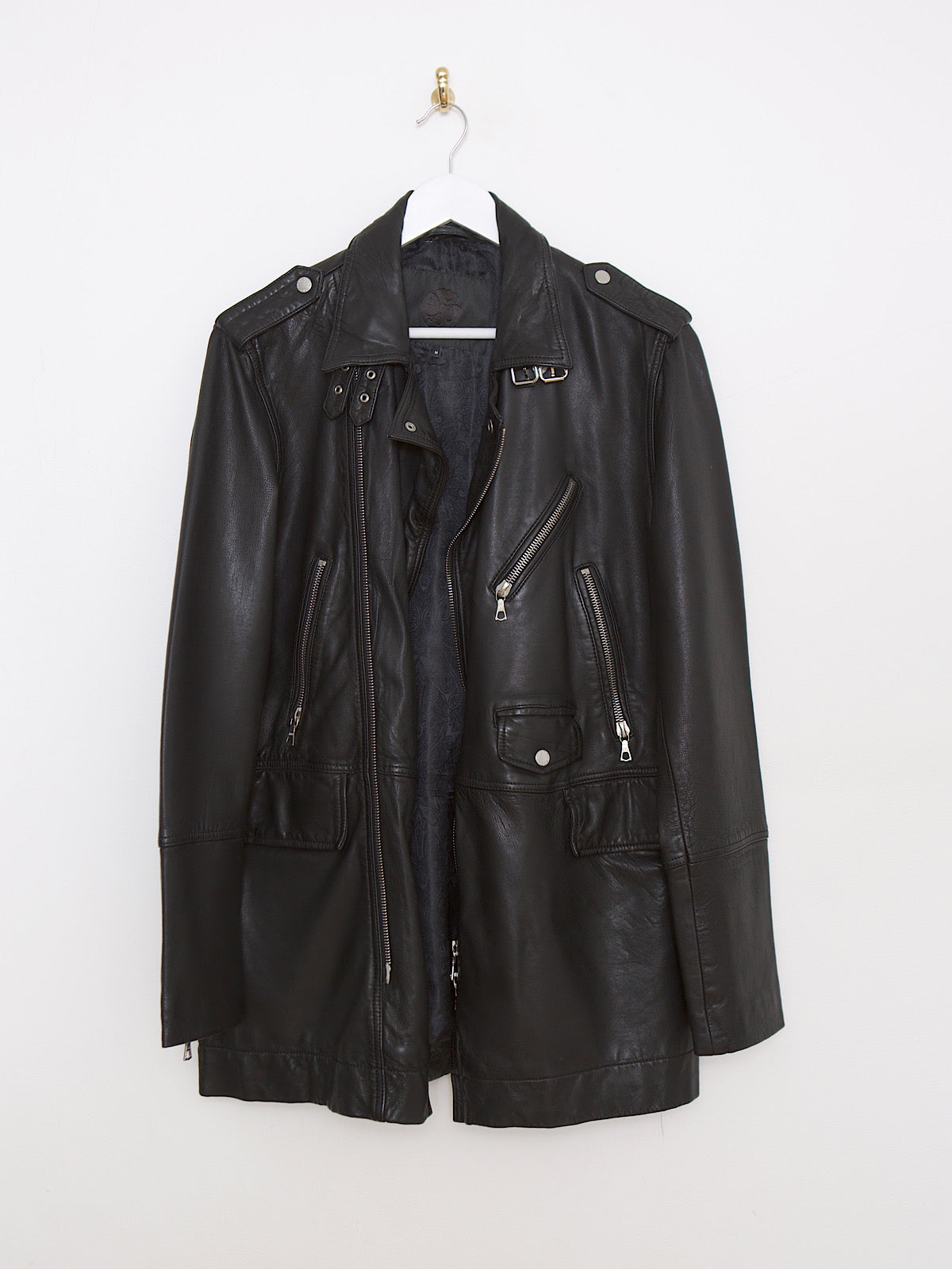 Very soft black leather coat biker style mid length