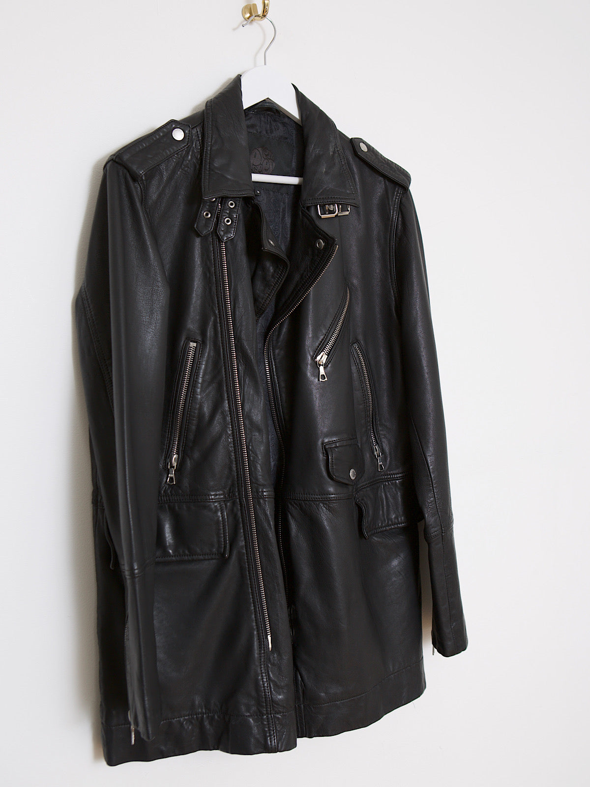 Very soft black leather coat biker style mid length