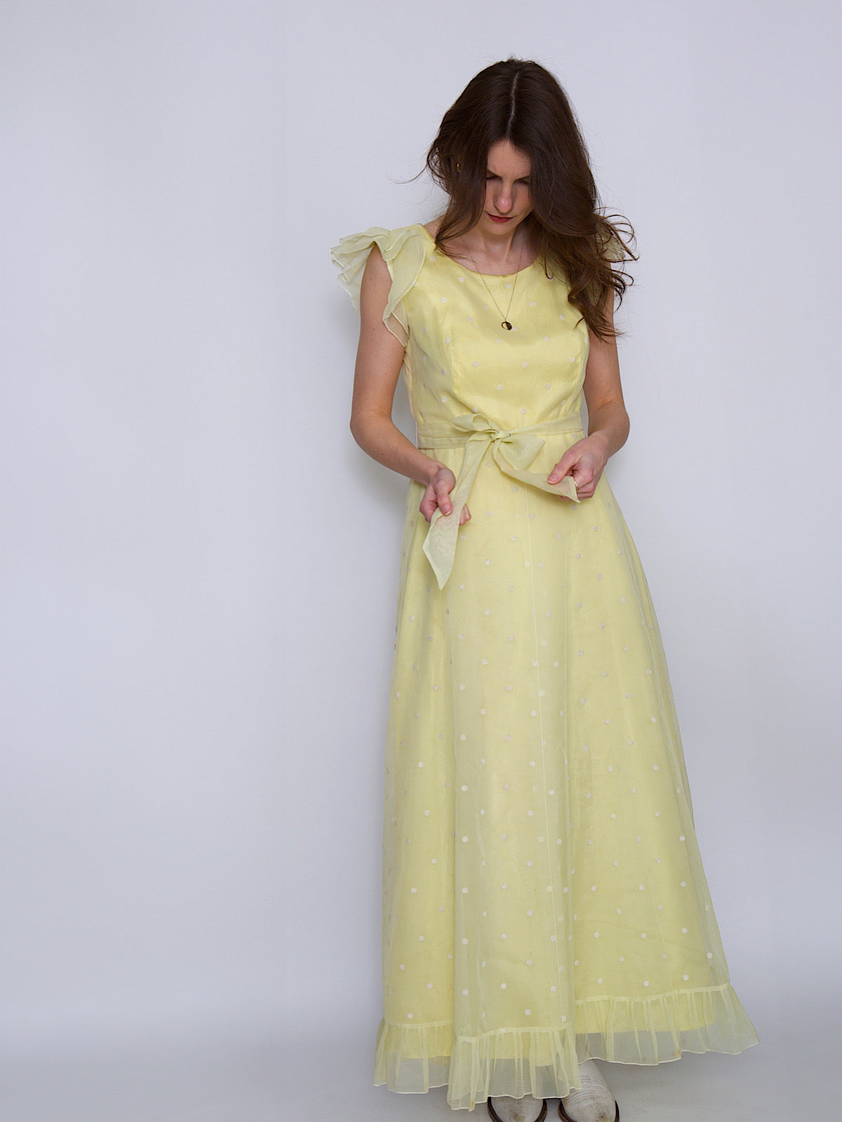 Vintage 70s bohemian maxi dress yellow polka dot