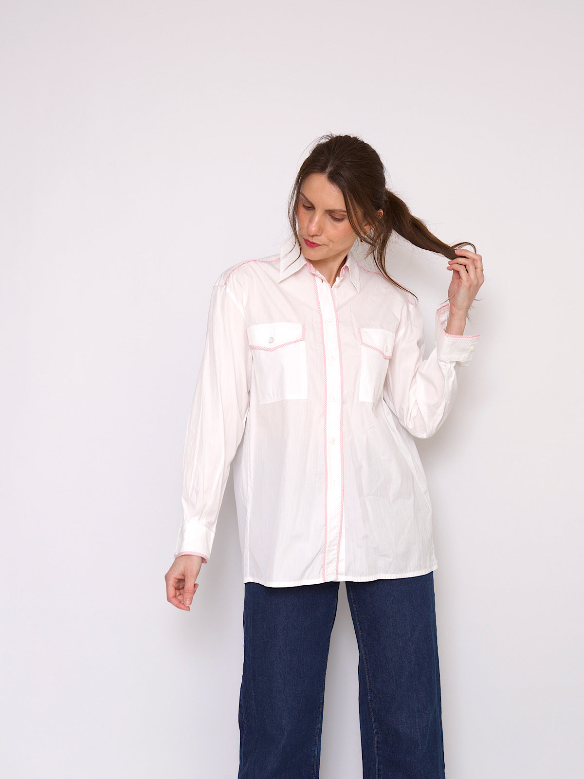 Vintage Escada White cotton shirt with pink Gingham borders