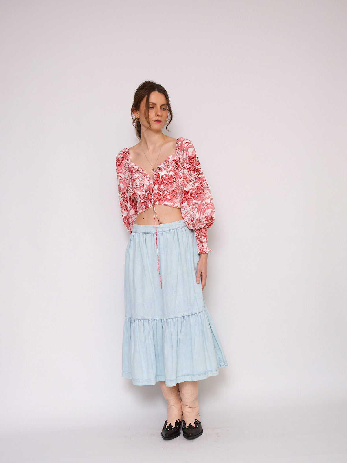 Blue denim midi tiered skirt