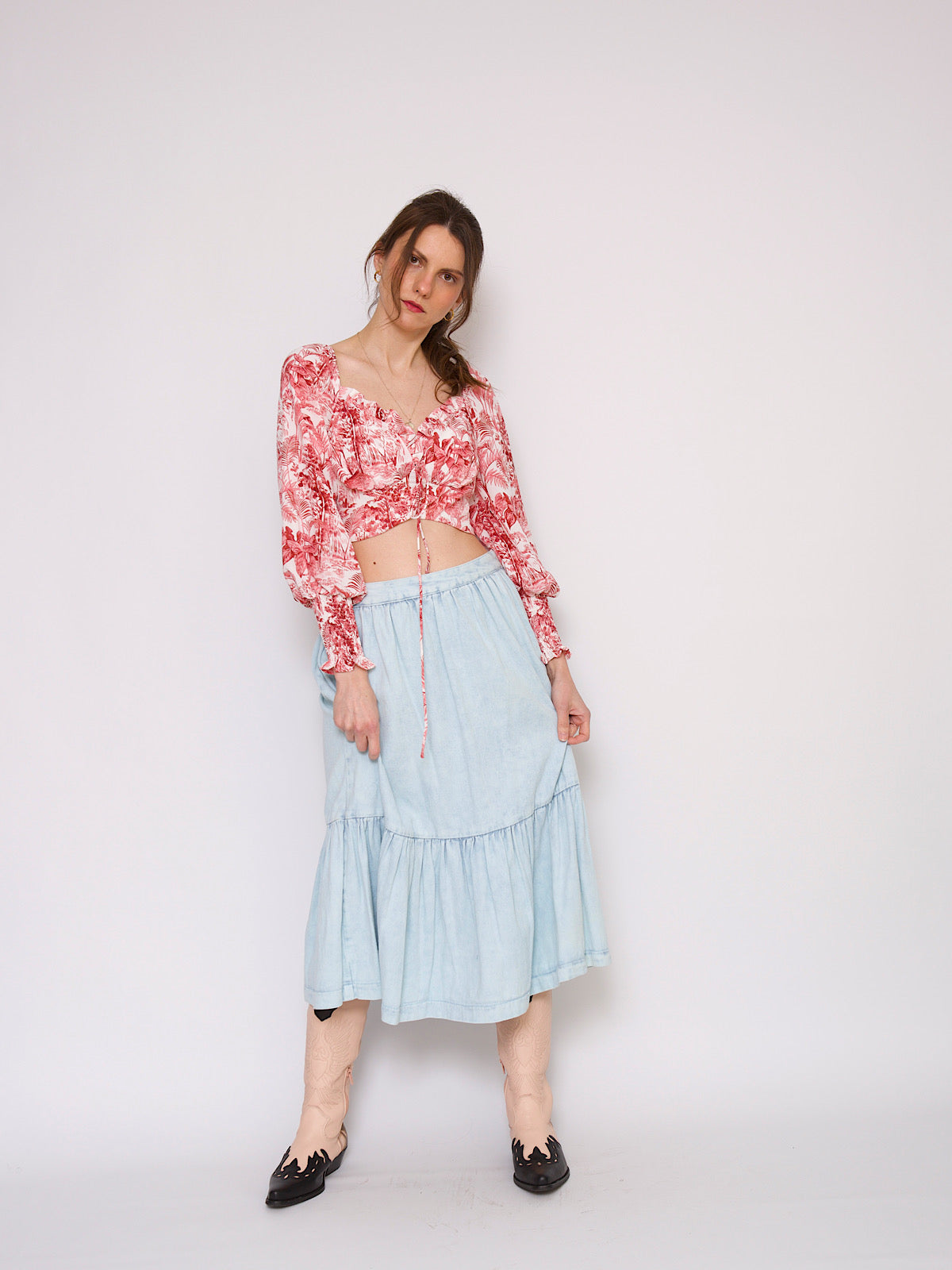 Blue denim midi tiered skirt