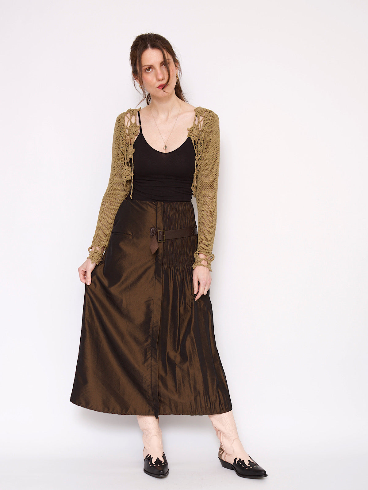 90s brown satin skirt with leather belt and pleats details