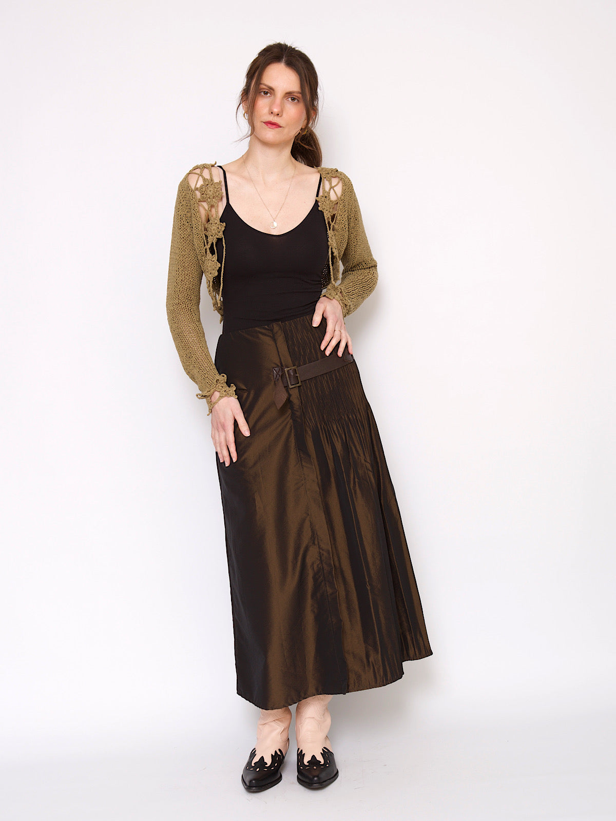 90s brown satin skirt with leather belt and pleats details