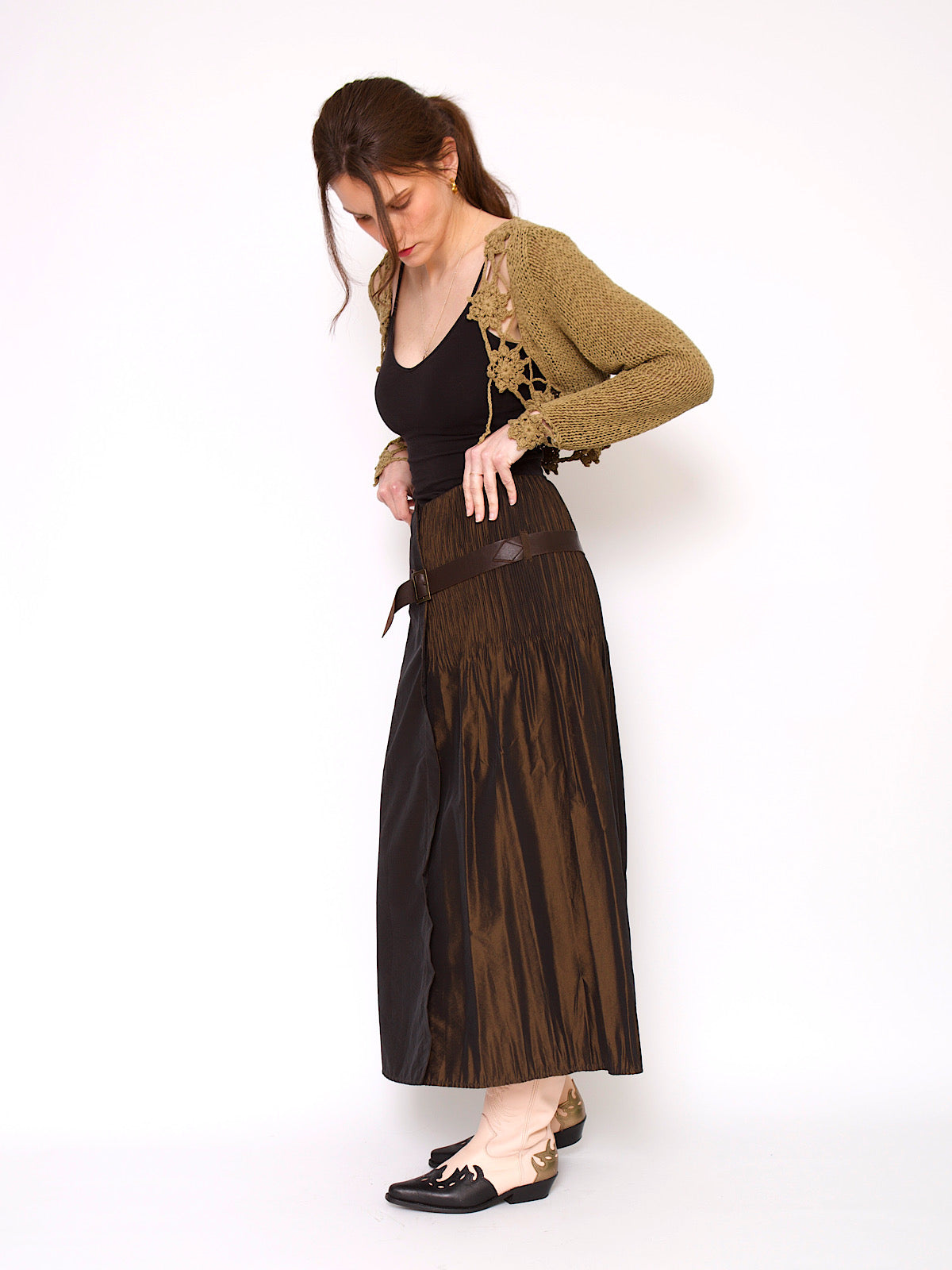 90s brown satin skirt with leather belt and pleats details