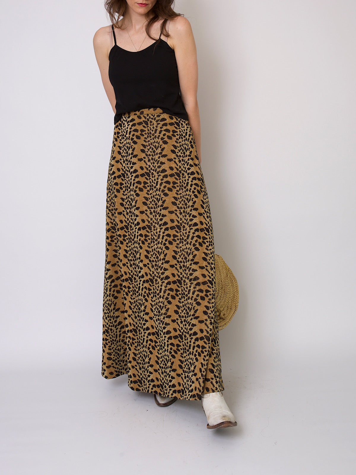 70s vintage boho chic lurex maxi skirt leopard print