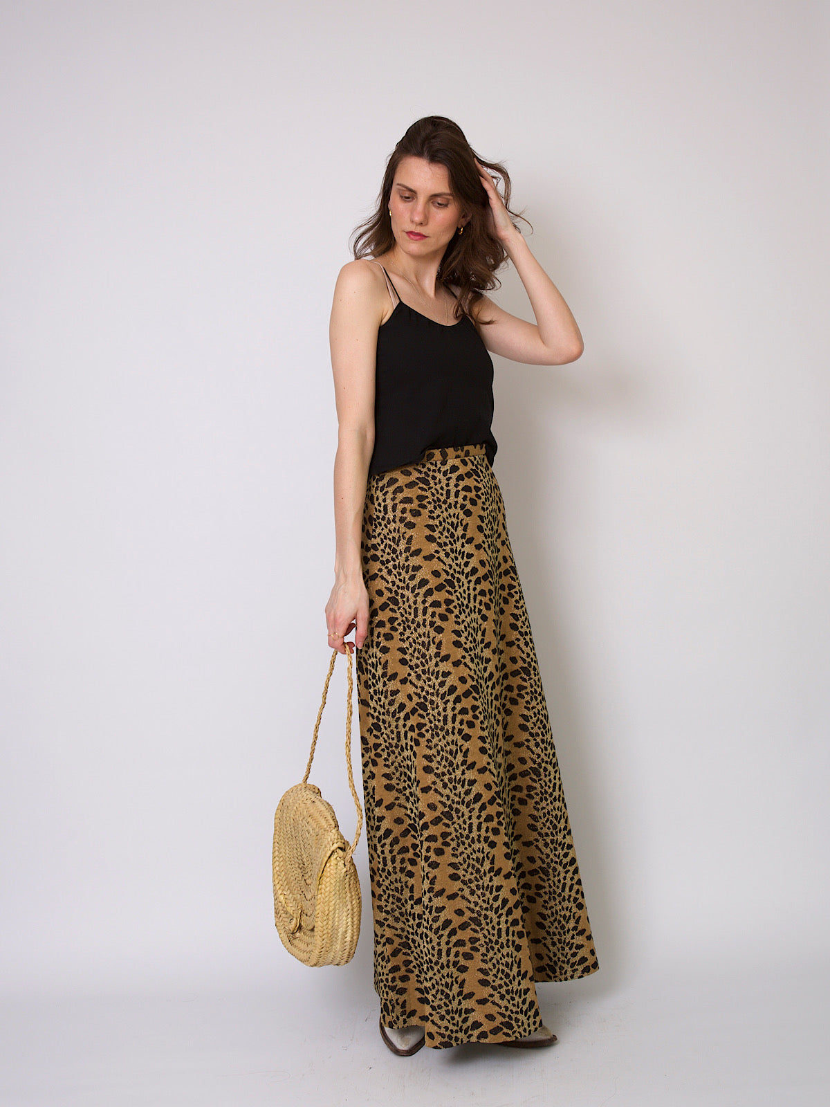 70s vintage boho chic lurex maxi skirt leopard print