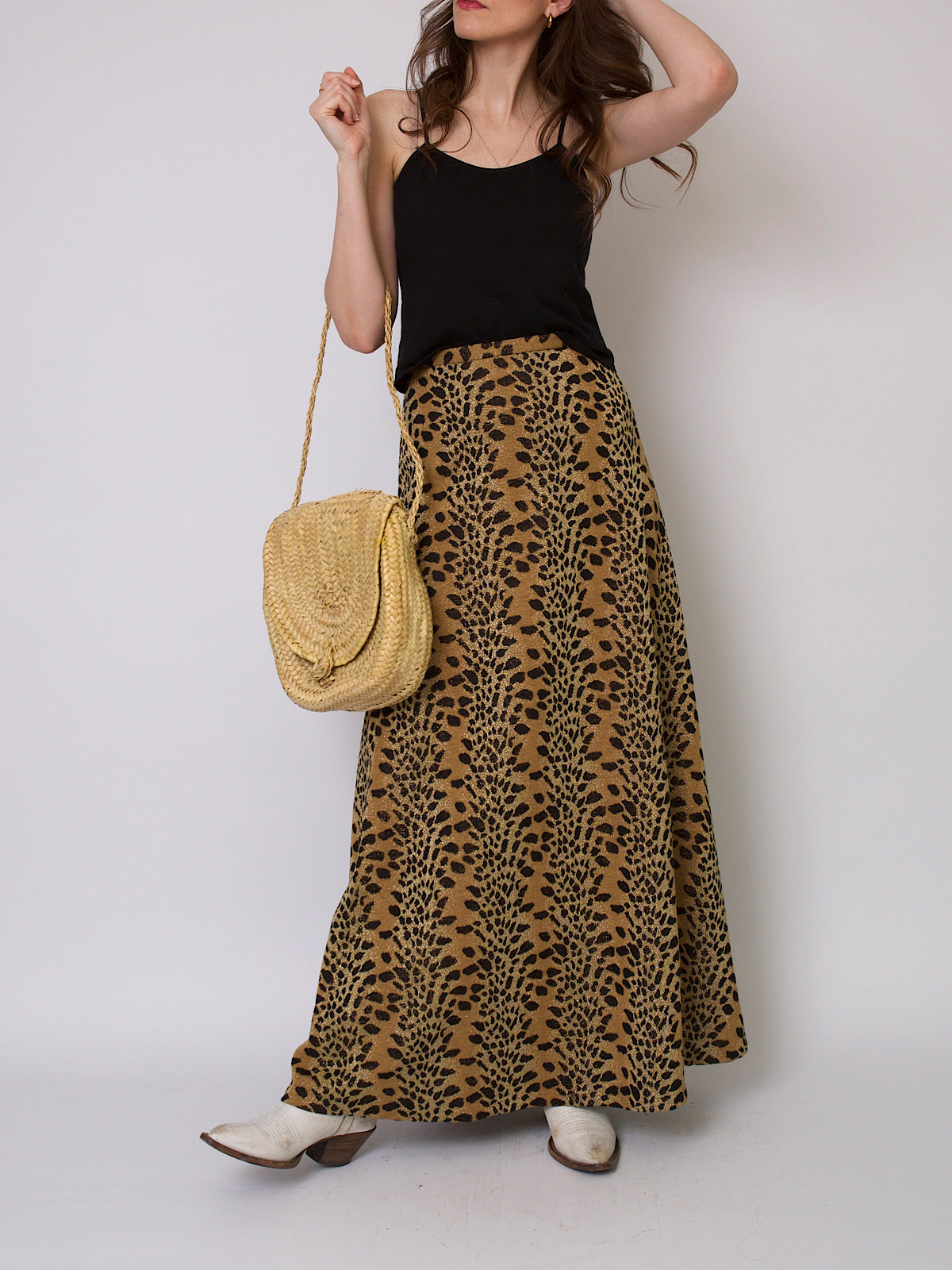 70s vintage boho chic lurex maxi skirt leopard print