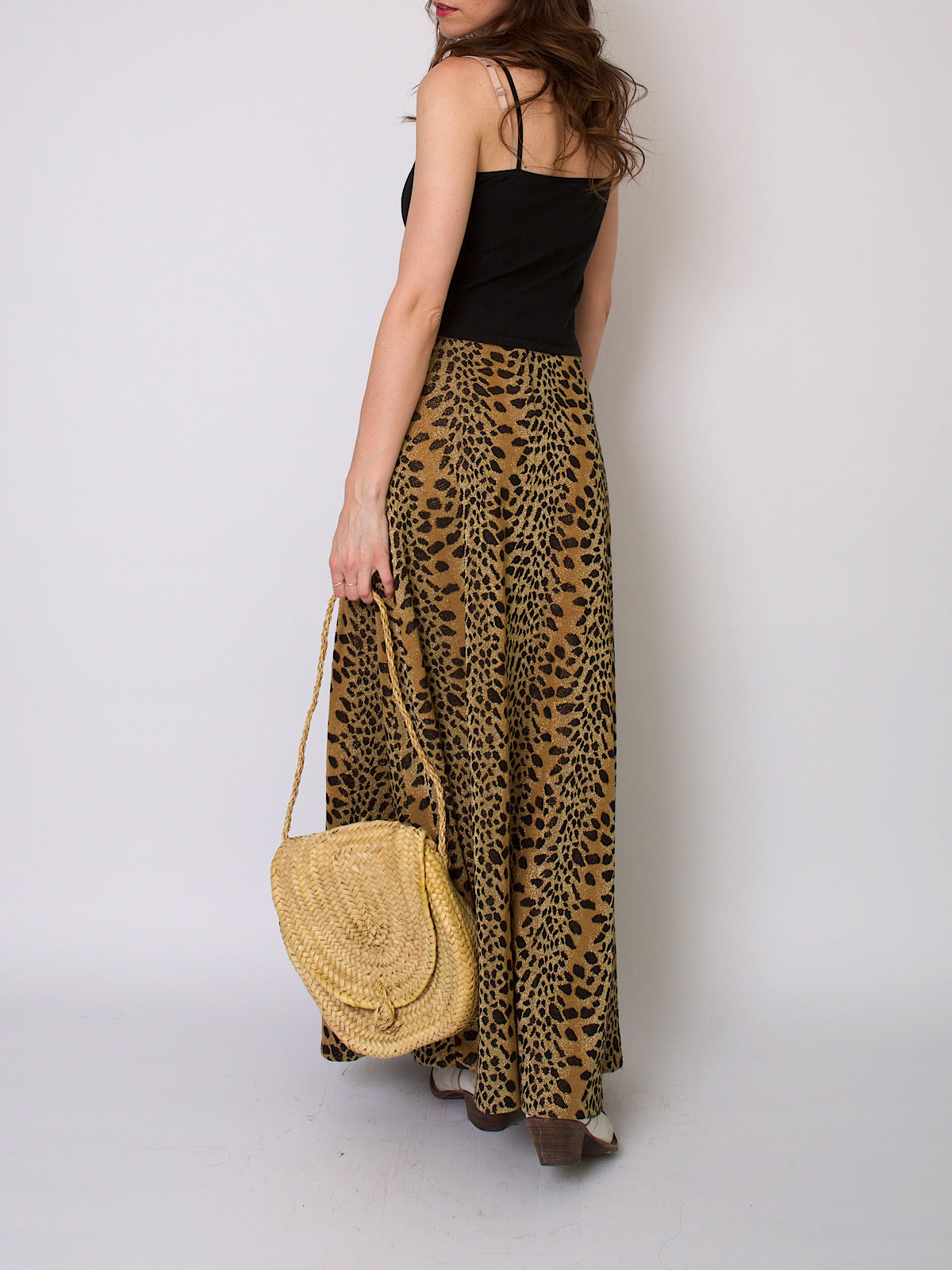 70s vintage boho chic lurex maxi skirt leopard print