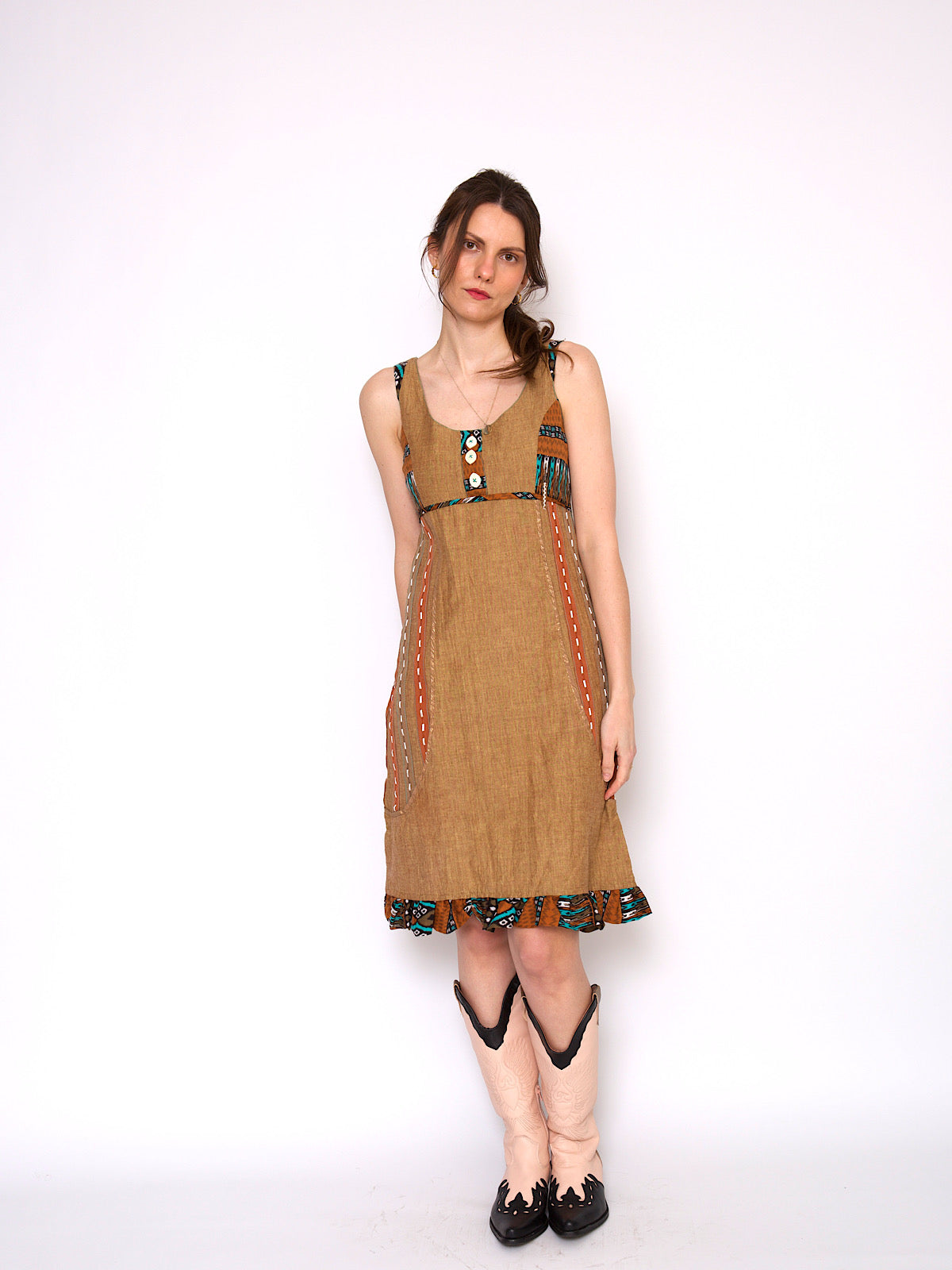 Vintage brown cotton ethnic / boho summer dress