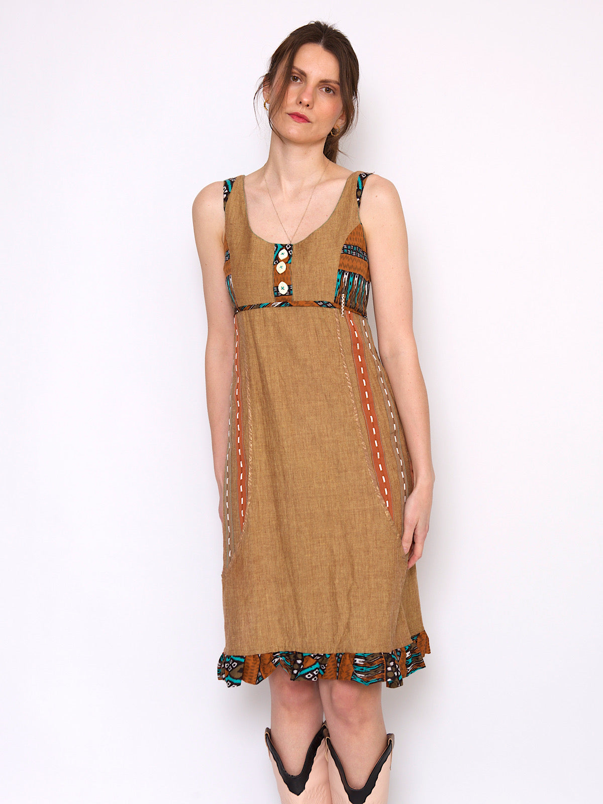 Vintage brown cotton ethnic / boho summer dress