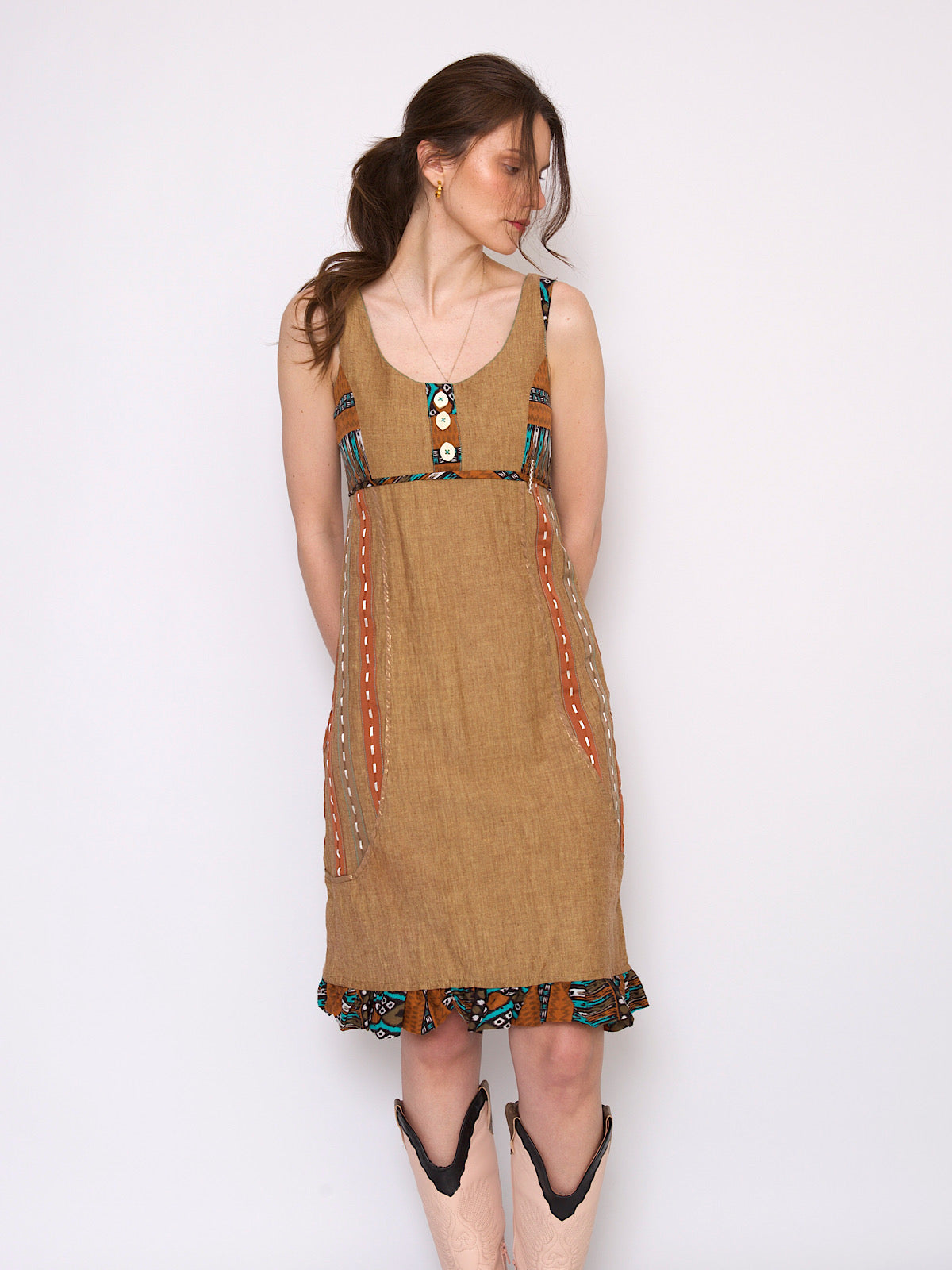 Vintage brown cotton ethnic / boho summer dress