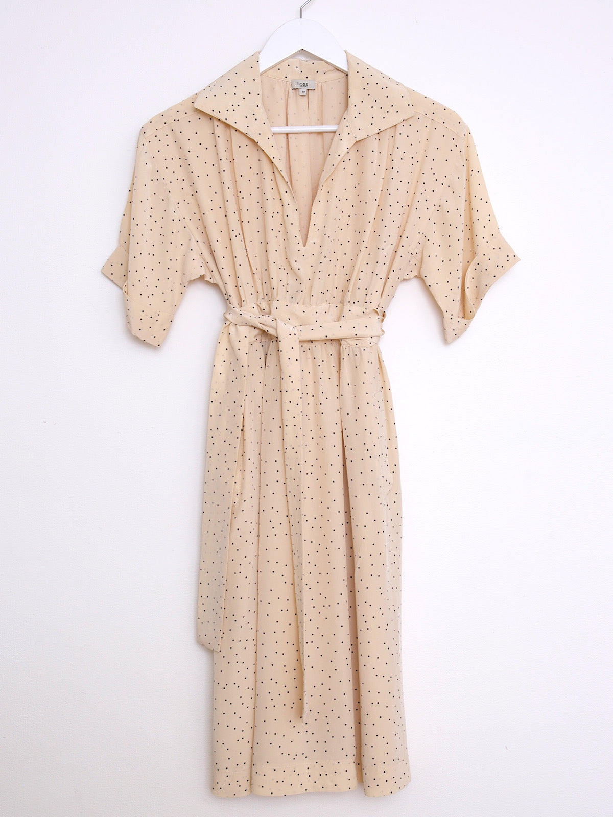 Pure silk kimono sleeves dress beige and black polka dots