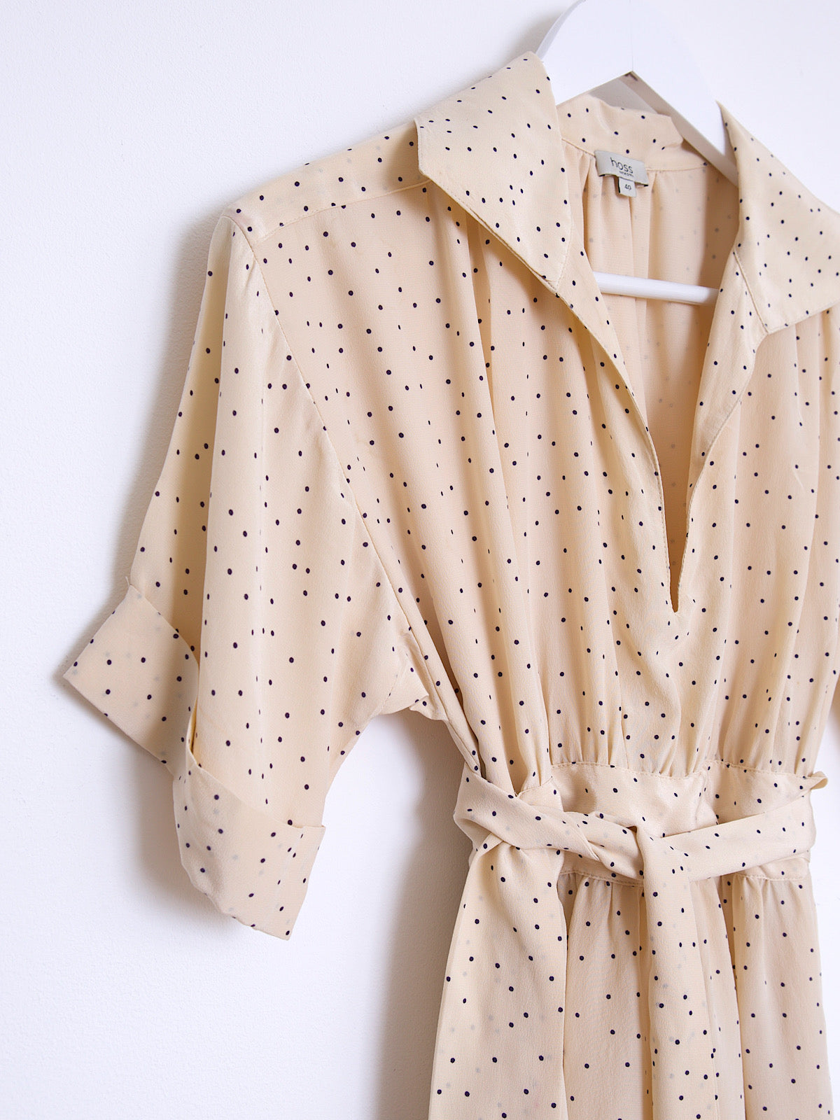 Pure silk kimono sleeves dress beige and black polka dots