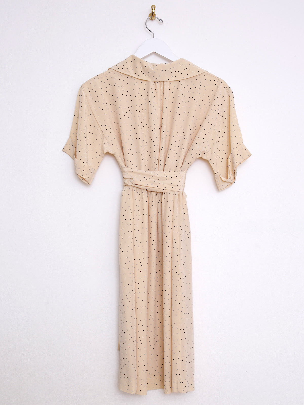 Pure silk kimono sleeves dress beige and black polka dots