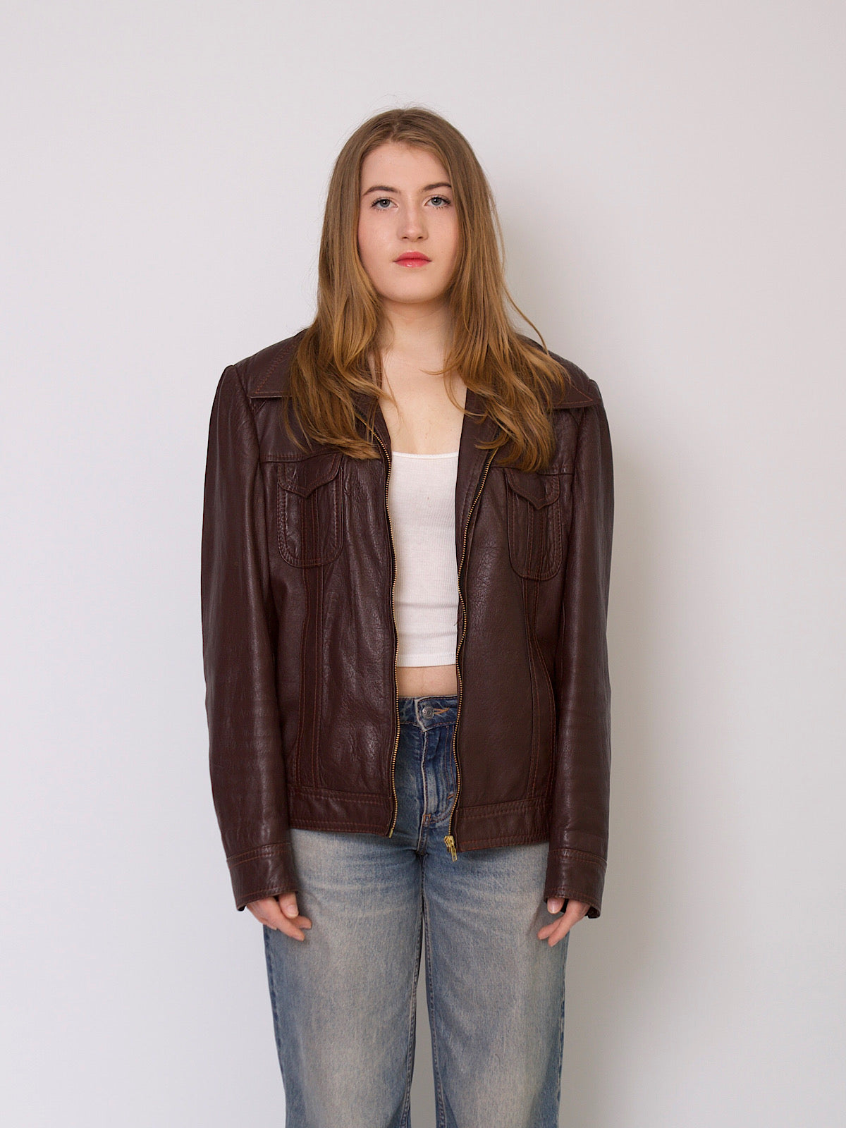 70s vintage leather jacket long dagger collar