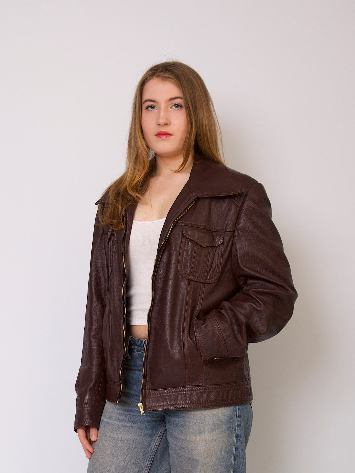 70s vintage leather jacket long dagger collar