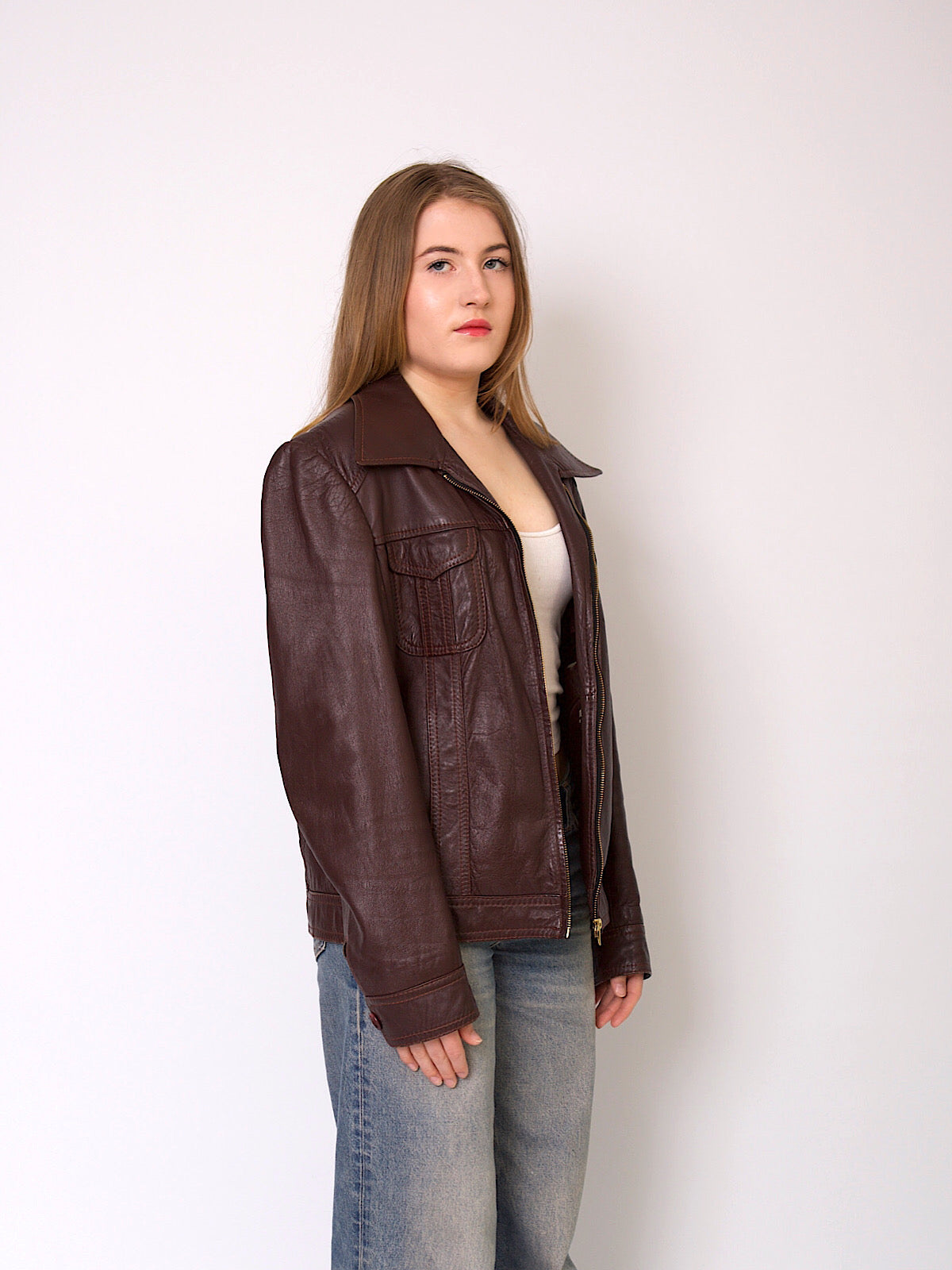 70s vintage leather jacket long dagger collar