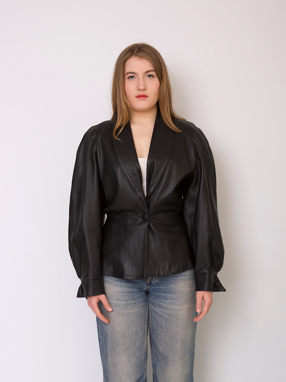 80s puffy sleeves leather jacket fitted waist