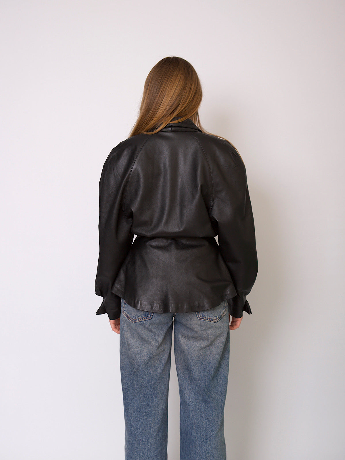 80s puffy sleeves leather jacket fitted waist