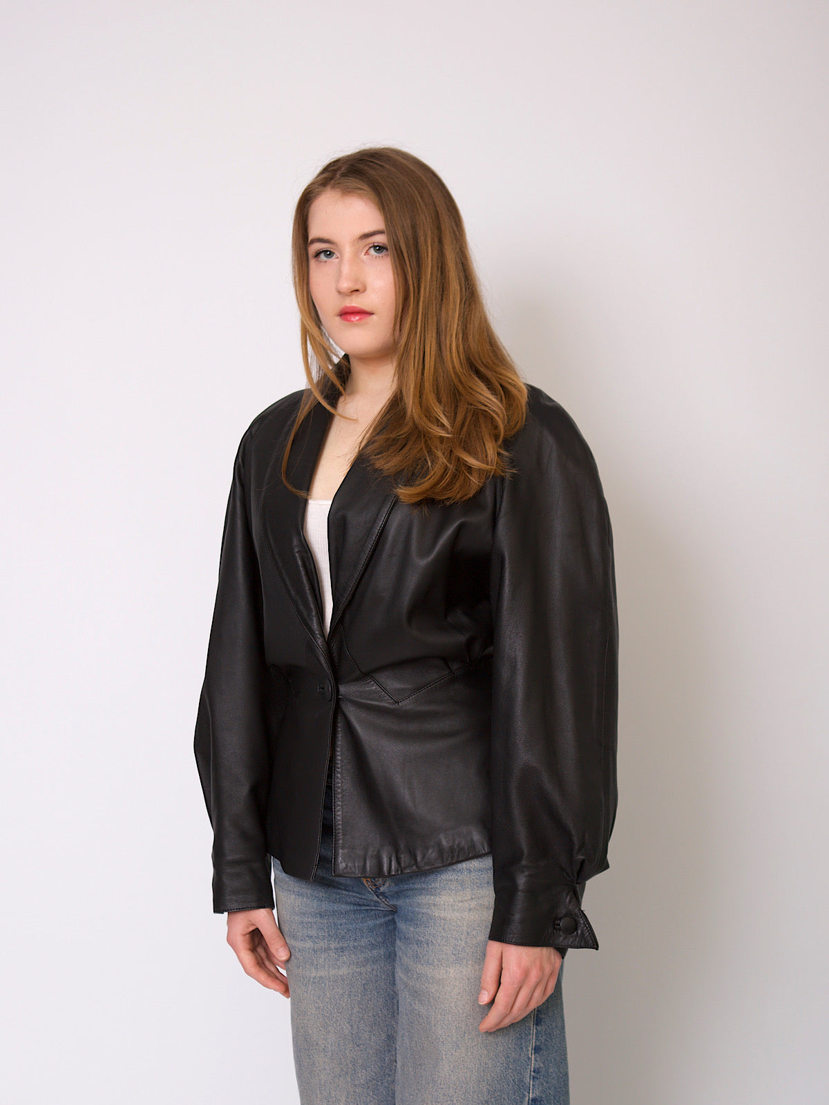 80s puffy sleeves leather jacket fitted waist